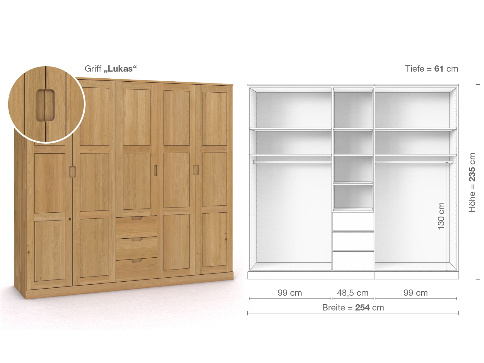 Schrank „Enzian“ aus Eiche Hell, 5-türig, Höhe 235 cm, Griffausführung „Lukas“, Inneneinrichtung E