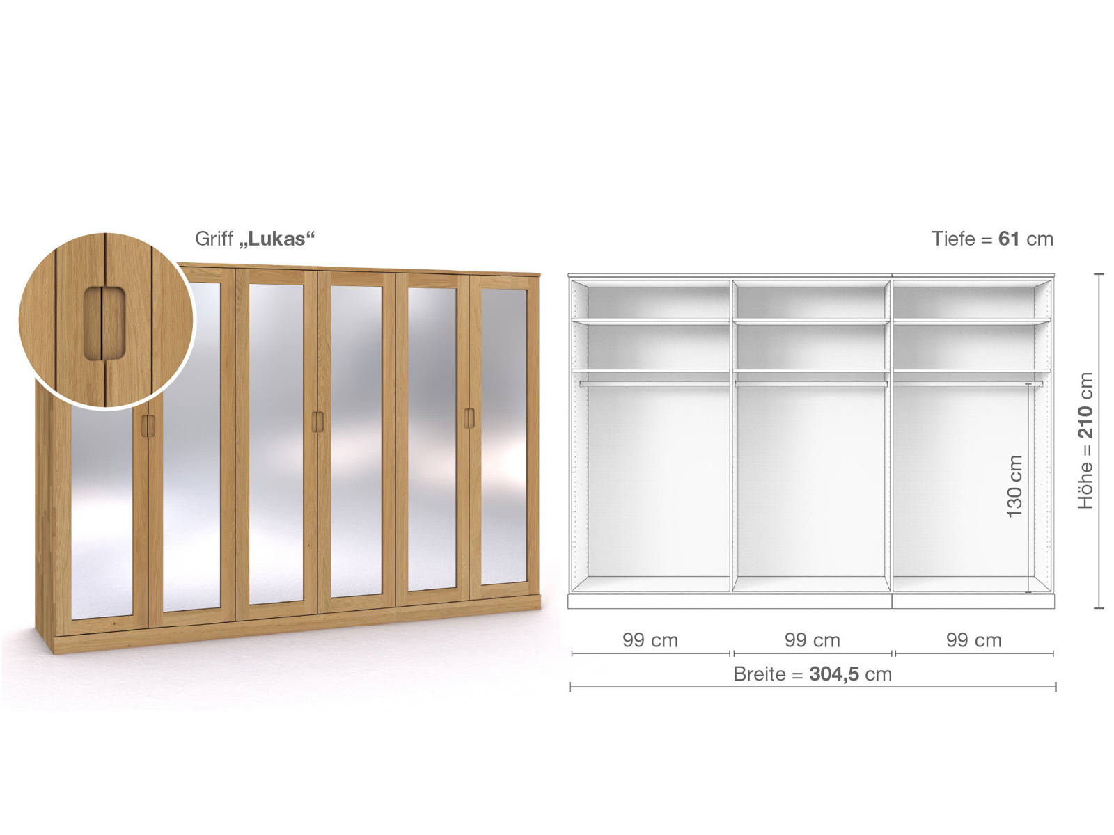 Schrank „Alpenrose“ aus Eiche Hell, 6-türig, Höhe 210 cm, Griffausführung „Lukas“, Inneneinrichtung A