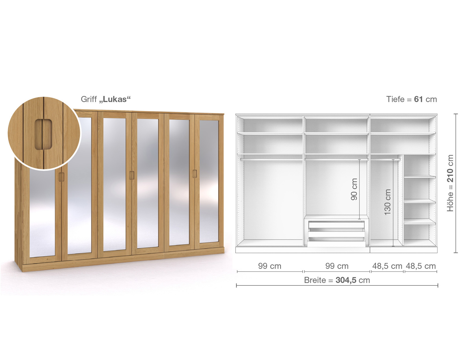 Schrank „Alpenrose“ aus Eiche Hell, 6-türig, Höhe 210 cm, Griffausführung „Lukas“, Inneneinrichtung B
