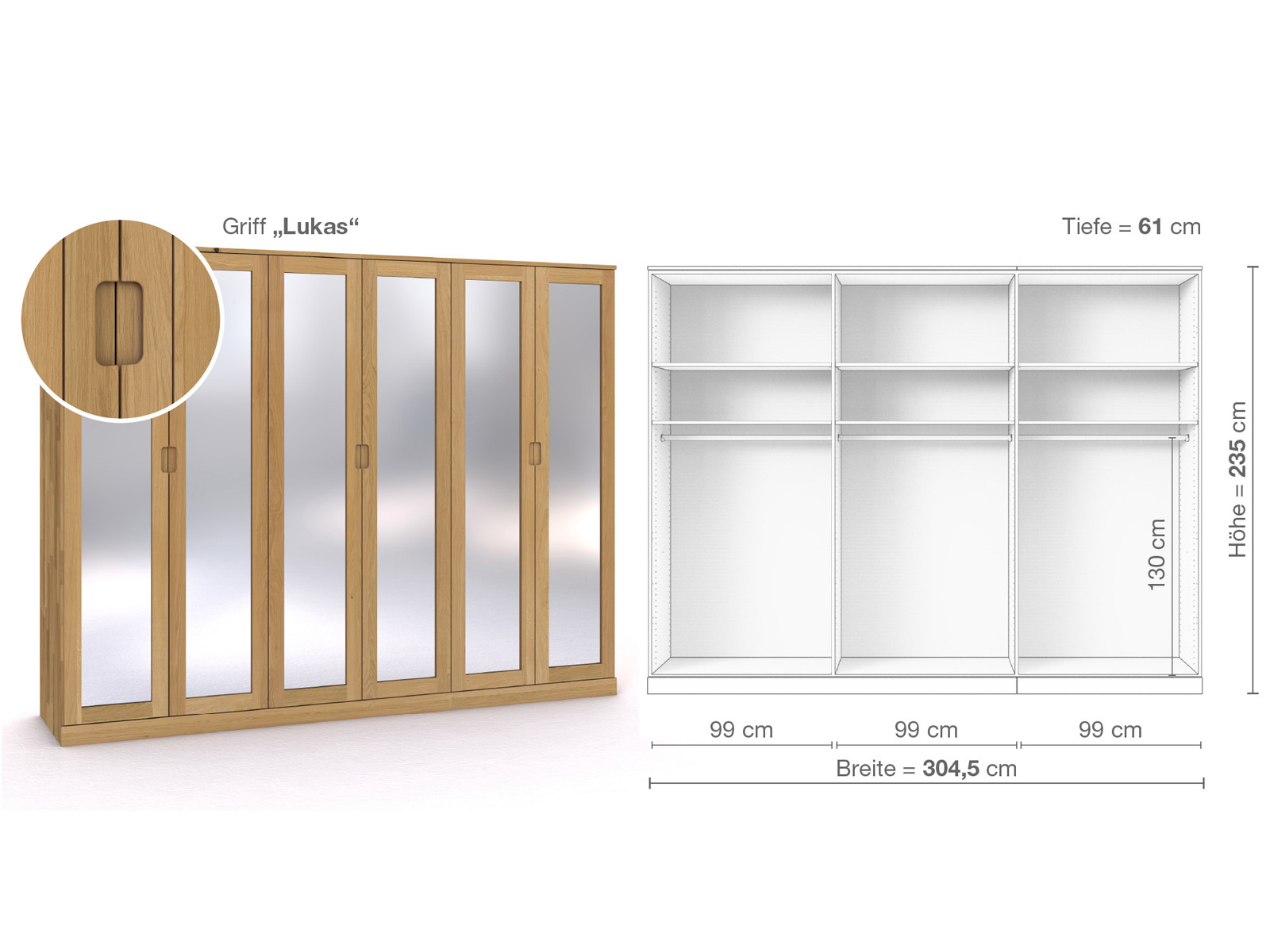 Schrank „Alpenrose“ aus Eiche Hell, 6-türig, Höhe 235 cm, Griffausführung „Lukas“, Inneneinrichtung A
