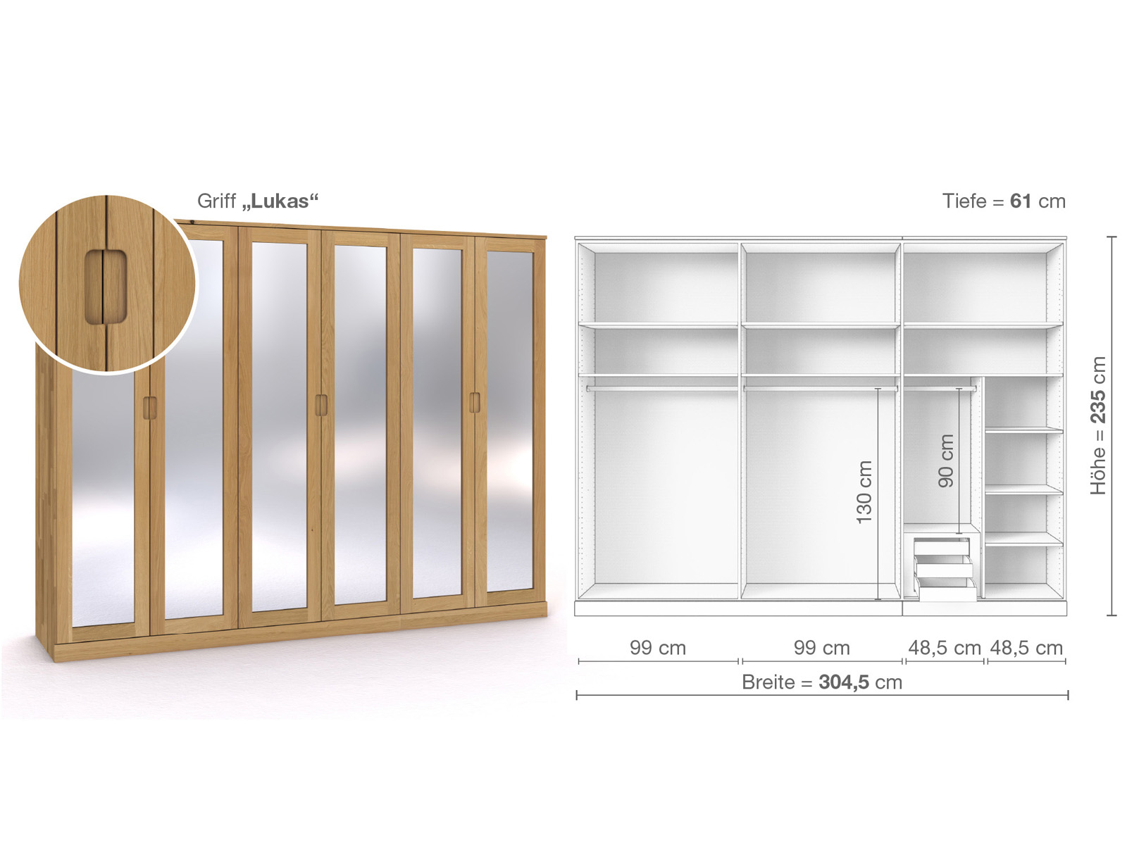 Schrank „Alpenrose“ aus Eiche Hell, 6-türig, Höhe 235 cm, Griffausführung „Lukas“, Inneneinrichtung C