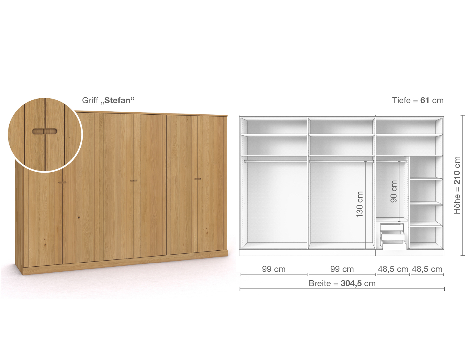 Schrank „Arnika“ aus Eiche Hell, 6-türig, Höhe 210 cm, Griffausführung „Stefan“, Inneneinrichtung C