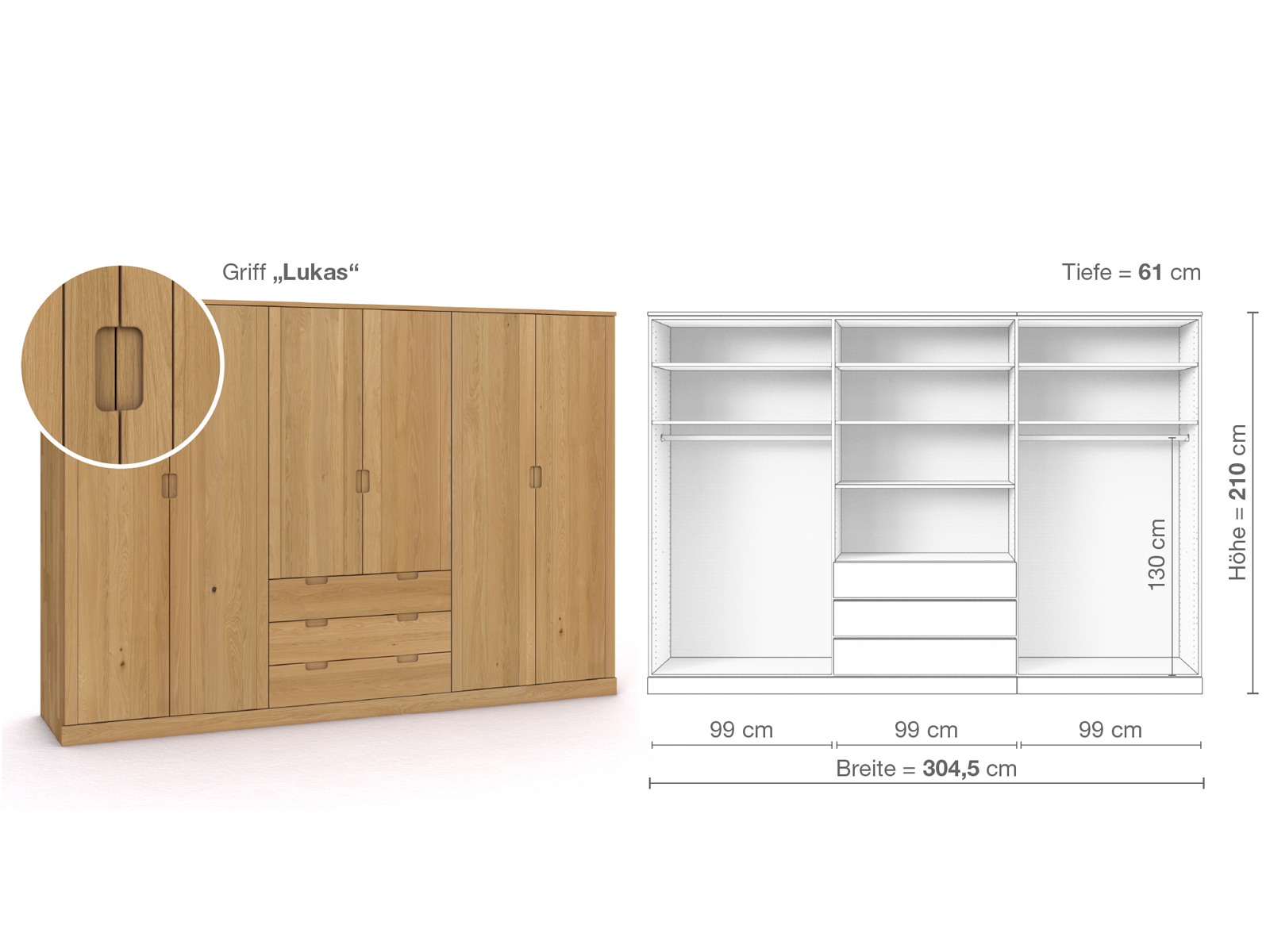 Schrank „Arnika“ aus Eiche Hell, 6-türig, Höhe 210 cm, Griffausführung „Lukas“, Inneneinrichtung D