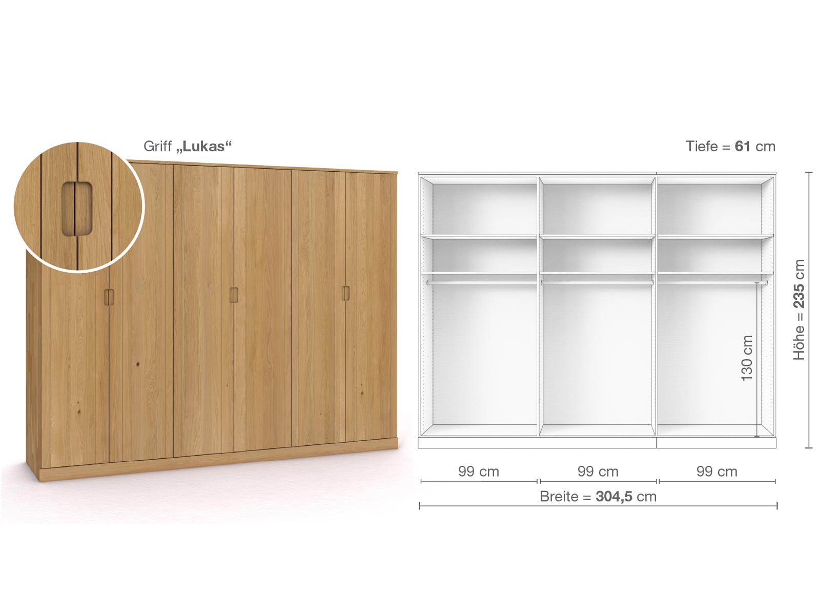 Schrank „Arnika“ aus Eiche Hell, 6-türig, Höhe 235 cm, Griffausführung „Lukas“, Inneneinrichtung A