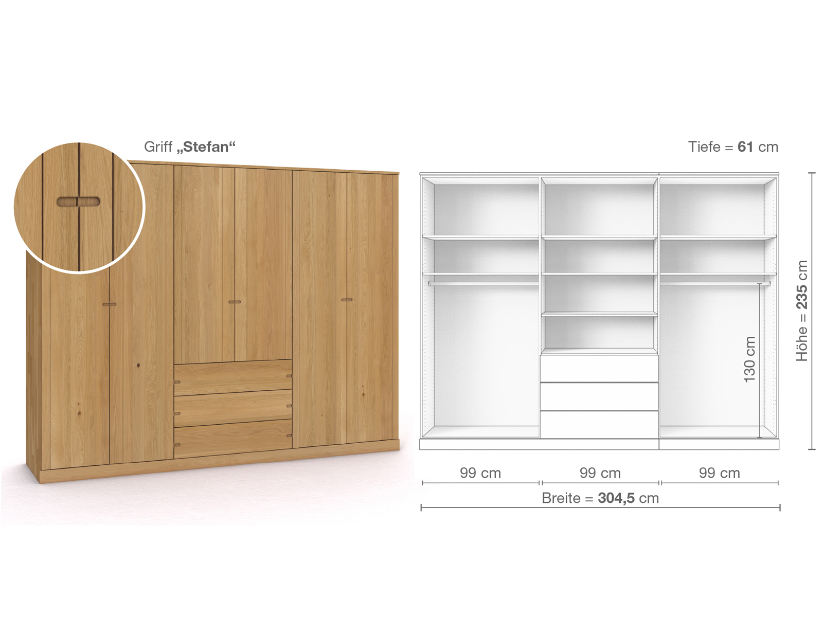 Schrank „Arnika“ aus Eiche Hell, 6-türig, Höhe 235 cm, Griffausführung „Stefan“, Inneneinrichtung D