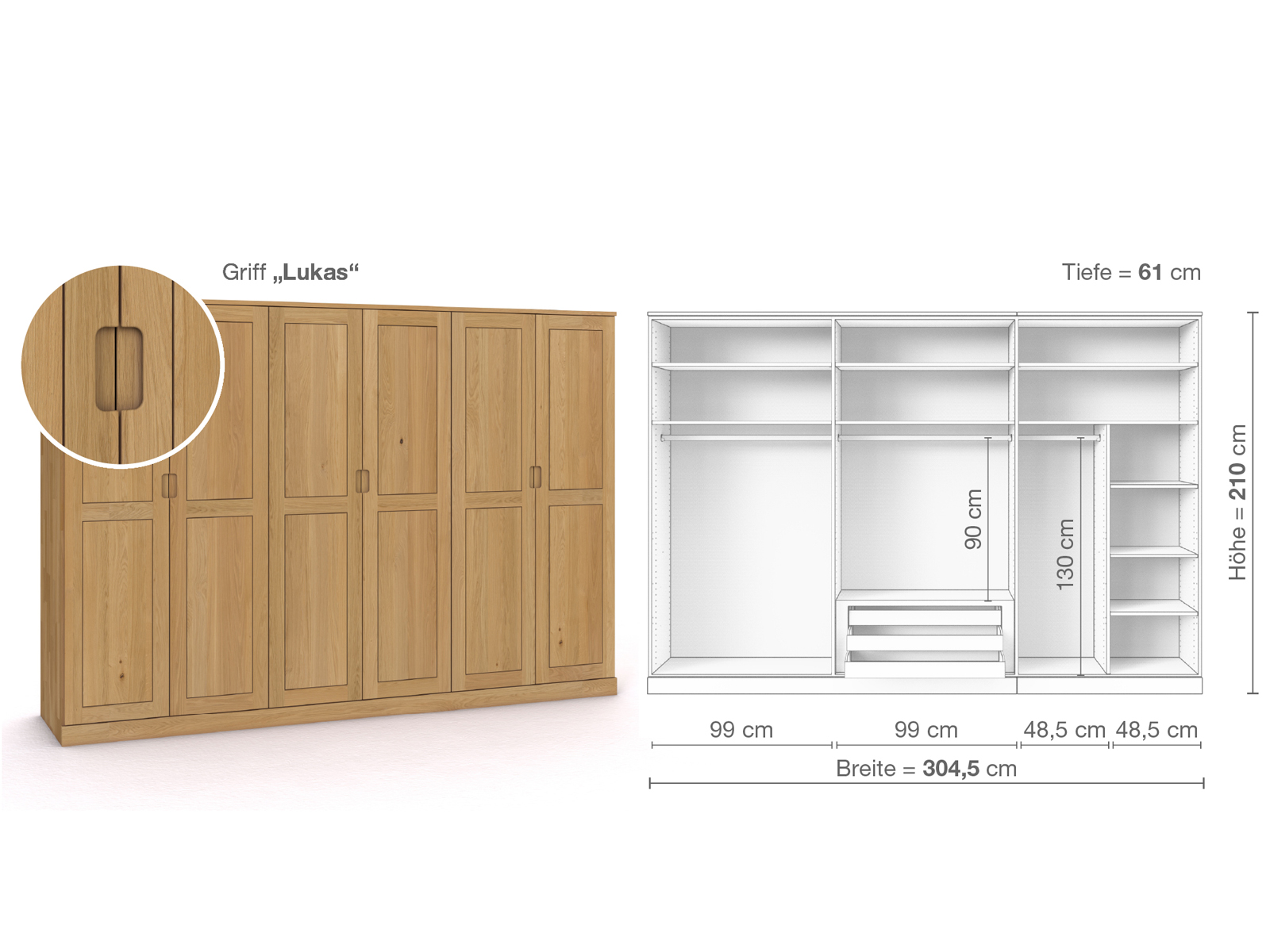 Schrank „Edelweiß“ aus Eiche Hell, 6-türig, Höhe 210 cm, Griffausführung „Lukas“, Inneneinrichtung B