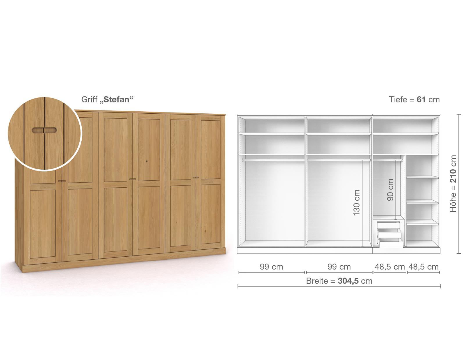 Schrank „Edelweiß“ aus Eiche Hell, 6-türig, Höhe 210 cm, Griffausführung „Stefan“, Inneneinrichtung C