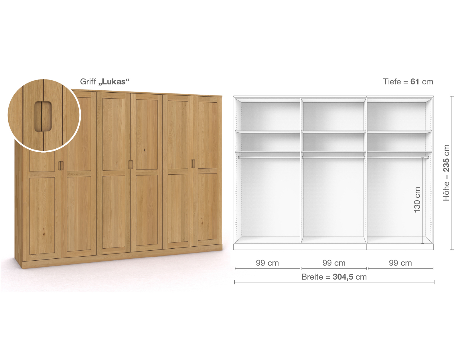 Schrank „Edelweiß“ aus Eiche Hell, 6-türig, Höhe 235 cm, Griffausführung „Lukas“, Inneneinrichtung A