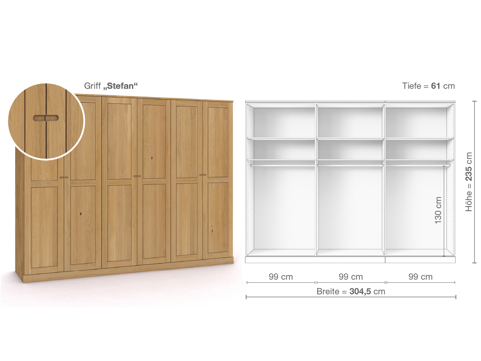 Schrank „Edelweiß“ aus Eiche Hell, 6-türig, Höhe 235 cm, Griffausführung „Stefan“, Inneneinrichtung A