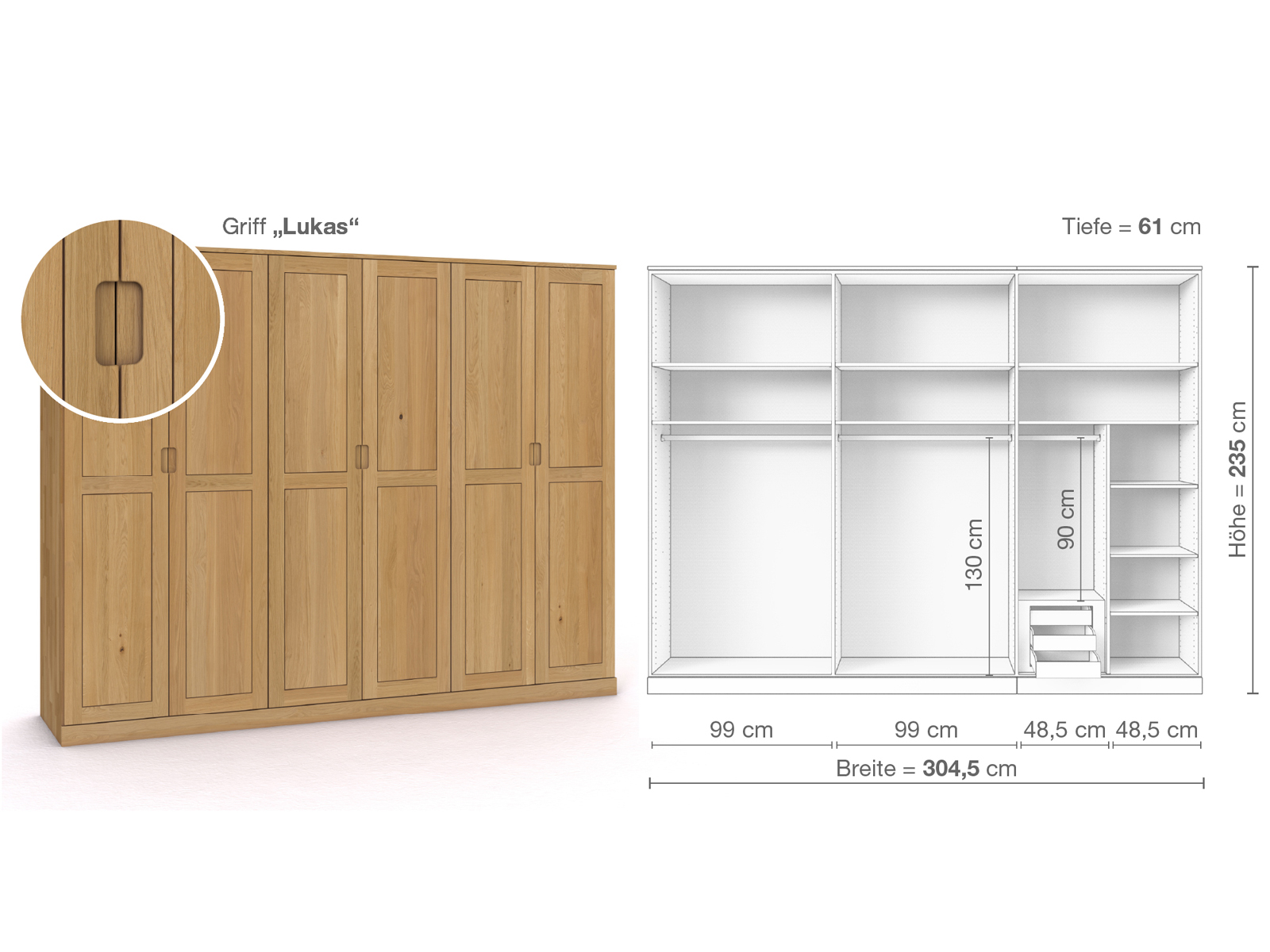 Schrank „Edelweiß“ aus Eiche Hell, 6-türig, Höhe 235 cm, Griffausführung „Lukas“, Inneneinrichtung C