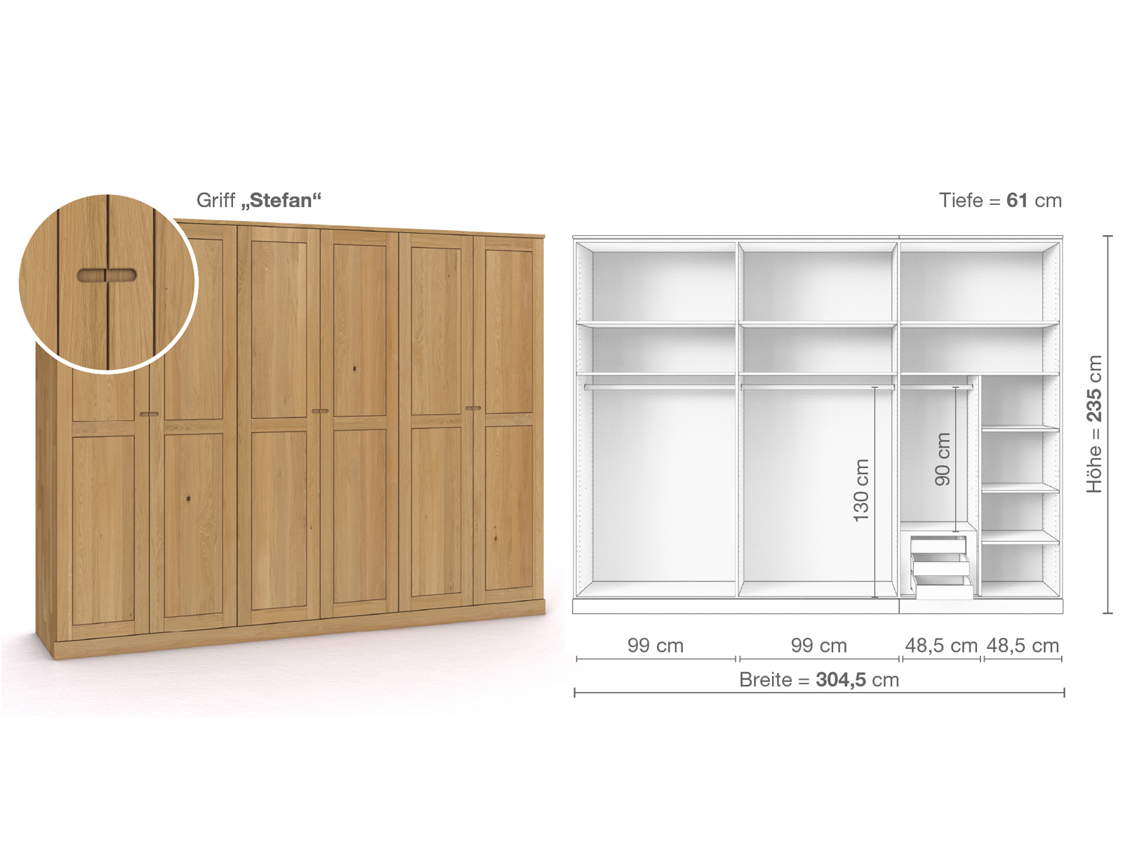 Schrank „Edelweiß“ aus Eiche Hell, 6-türig, Höhe 235 cm, Griffausführung „Stefan“, Inneneinrichtung C