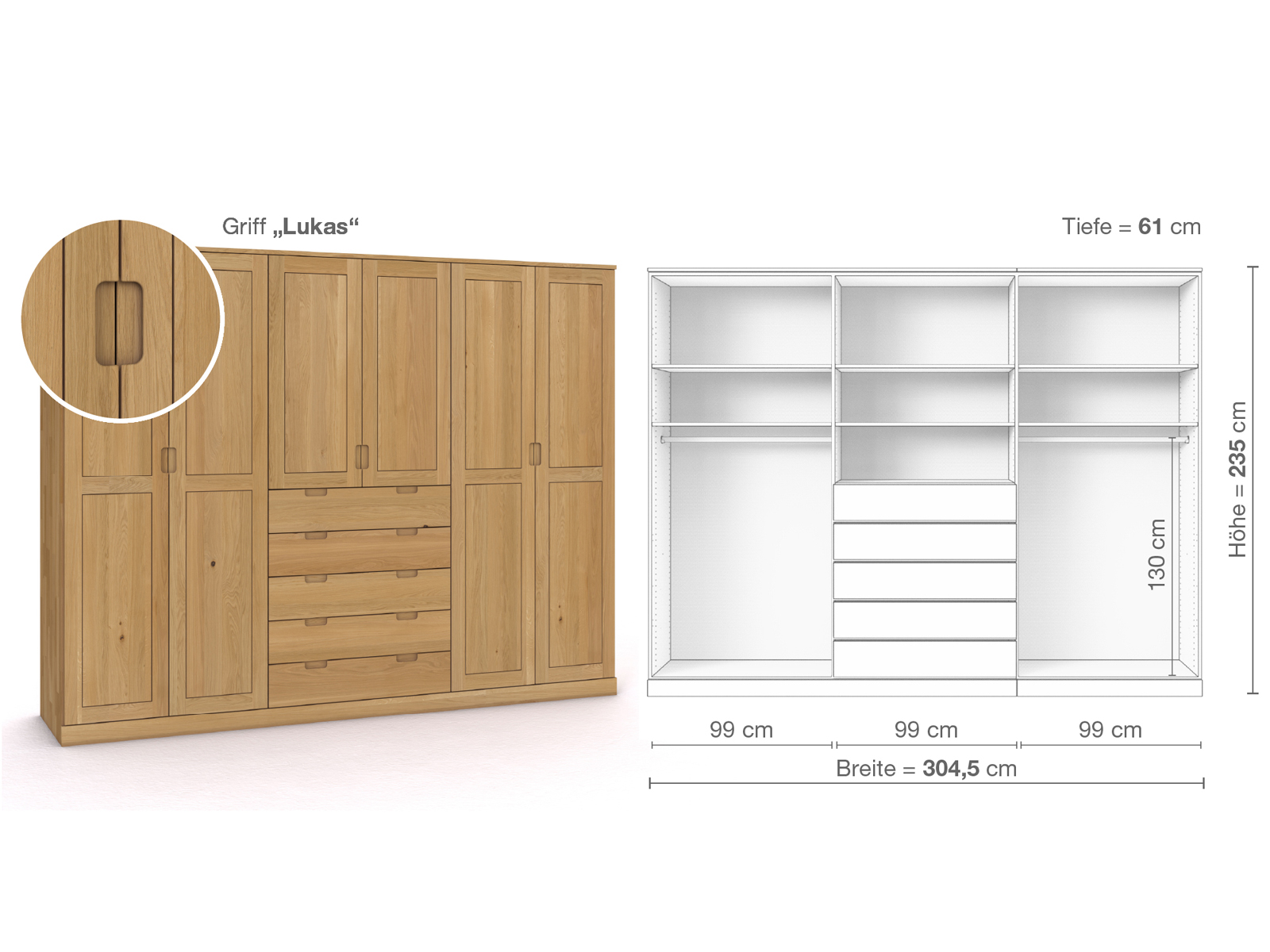 Schrank „Edelweiß“ aus Eiche Hell, 6-türig, Höhe 235 cm, Griffausführung „Lukas“, Inneneinrichtung D