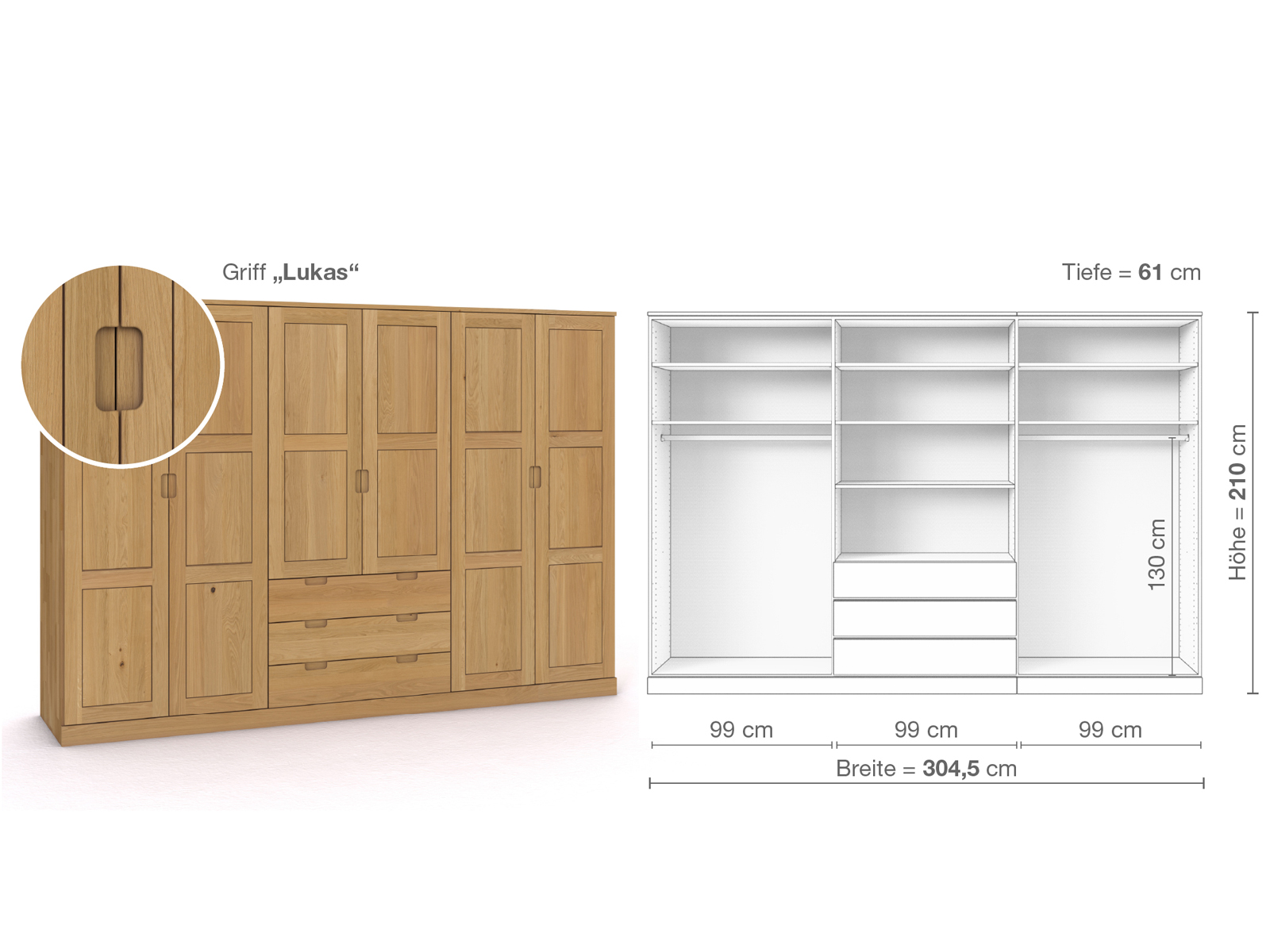 Schrank „Enzian“ aus Eiche Hell, 6-türig, Höhe 210 cm, Griffausführung „Lukas“, Inneneinrichtung D