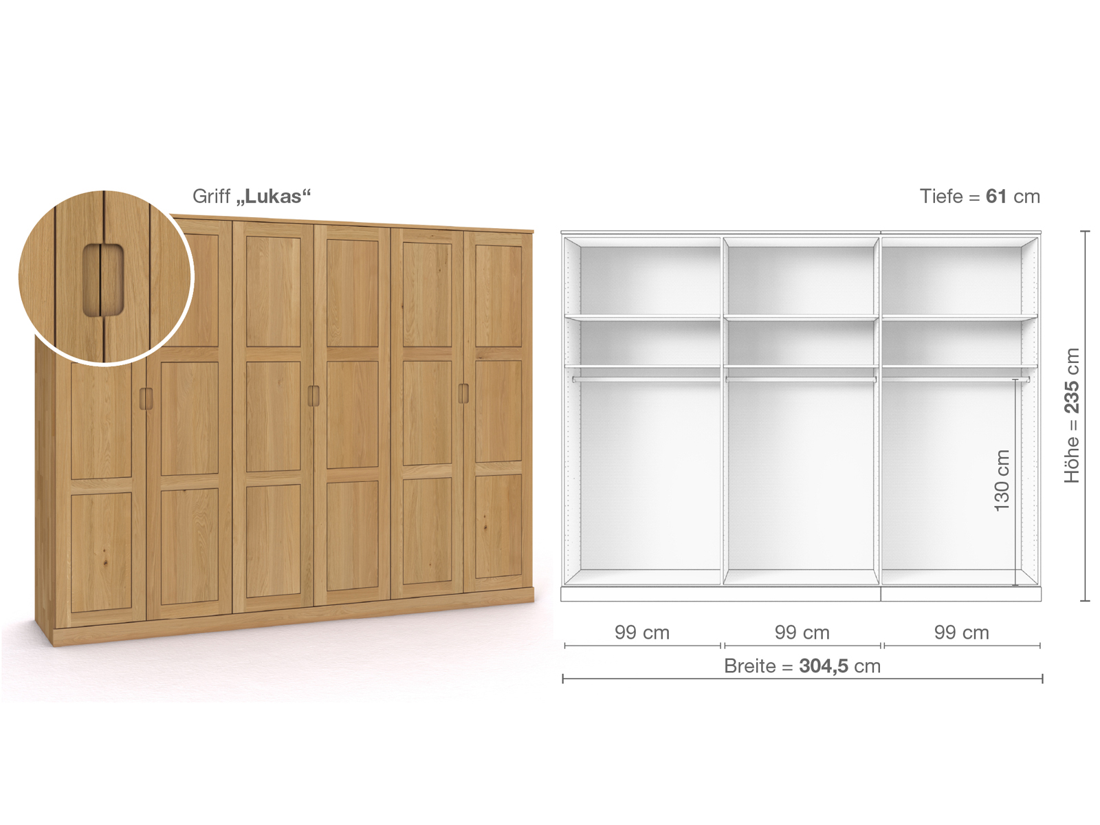 Schrank „Enzian“ aus Eiche Hell, 6-türig, Höhe 235 cm, Griffausführung „Lukas“, Inneneinrichtung A