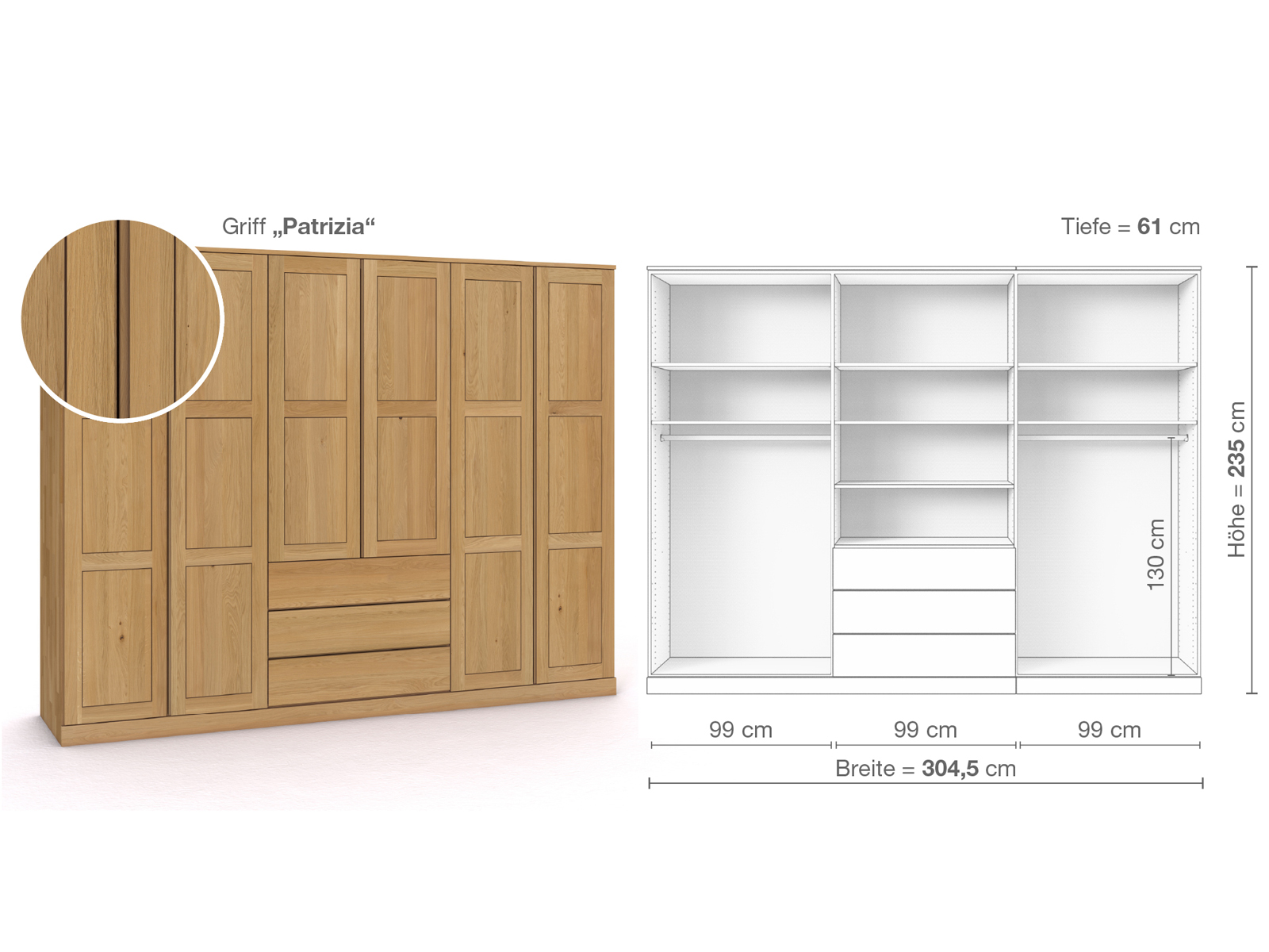 Schrank „Enzian“ aus Eiche Hell, 6-türig, Höhe 235 cm, Griffausführung „Patrizia“, Inneneinrichtung D