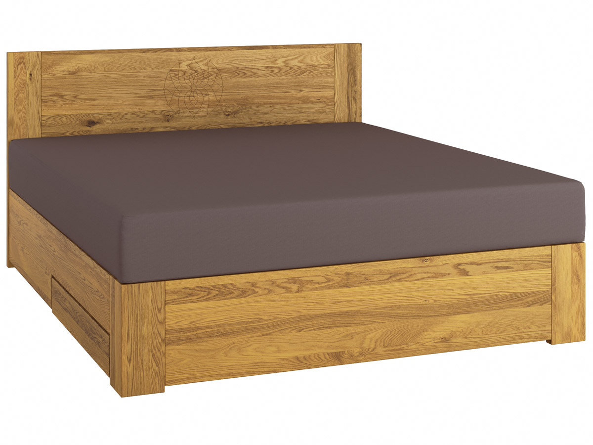 Eichenholzbett „Alois" Boxspring mit Gravur, einer Unterbettkommode (91 cm) links