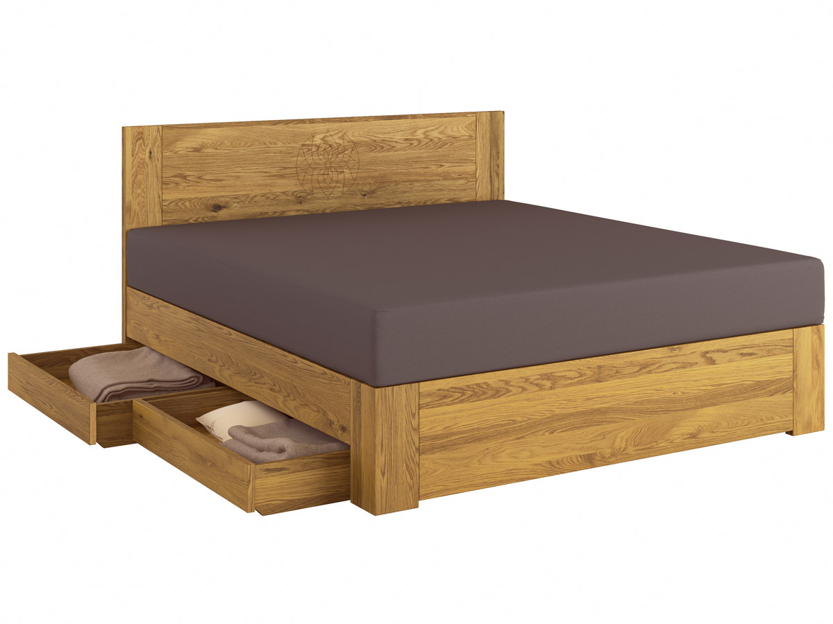Eichenholzbett „Alois" Boxspring mit Gravur, zwei Unterbettkommoden (2 x 91 cm) links