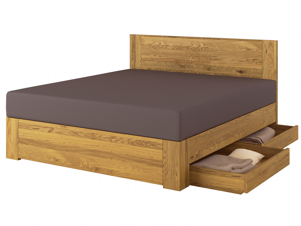 Eichenholzbett „Alois" Boxspring mit Gravur, zwei Unterbettkommoden (2 x 91 cm) rechts
