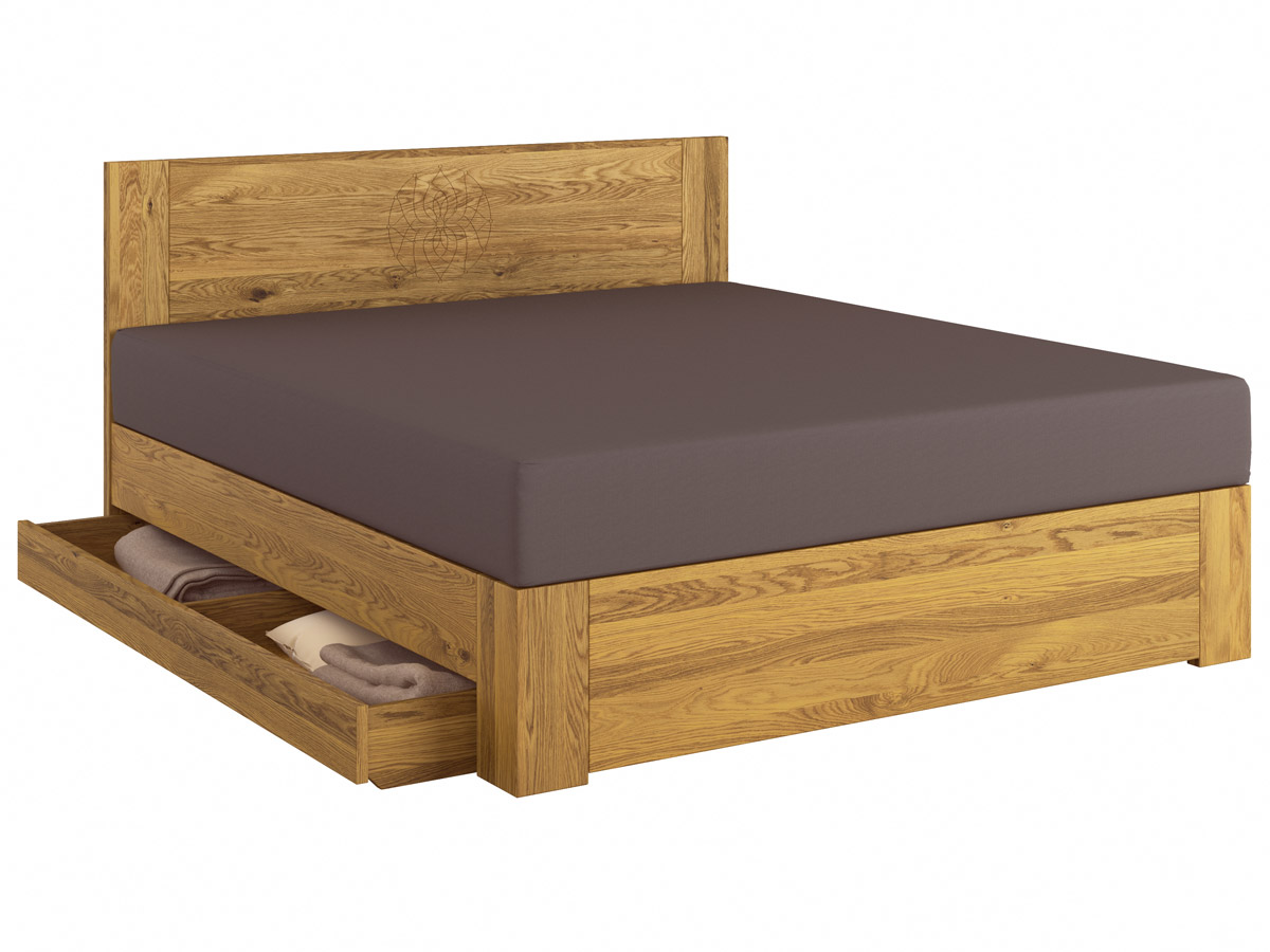 Eichenholzbett „Alois" Boxspring mit Gravur, einer Unterbettkommode (183 cm) links