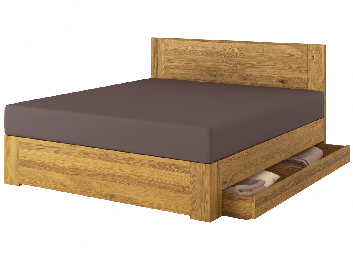 Eichenholzbett „Alois" Boxspring mit Gravur, einer Unterbettkommode (183 cm) rechts