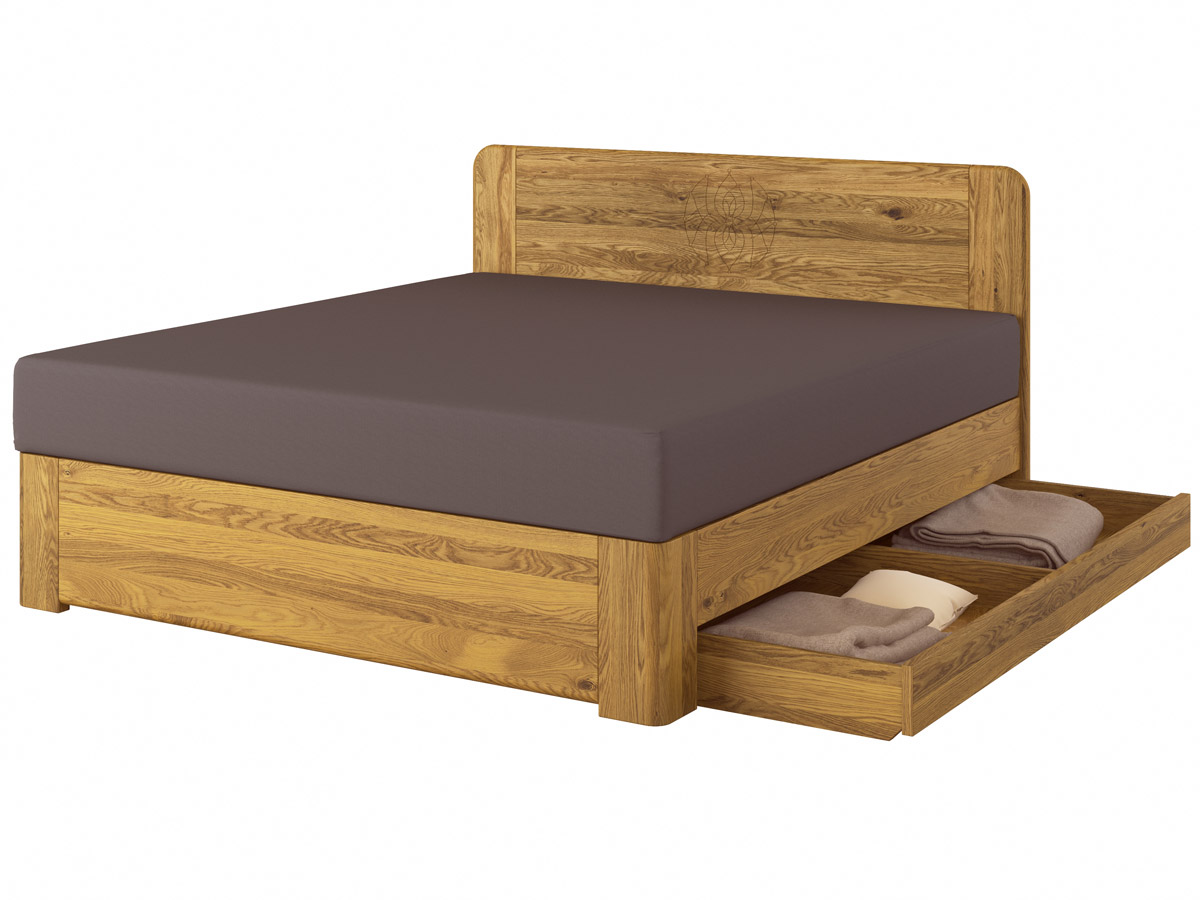 Eichenholzbett „Niklas" Boxspring mit Gravur mit einer Unterbettkommode (183 cm) rechts