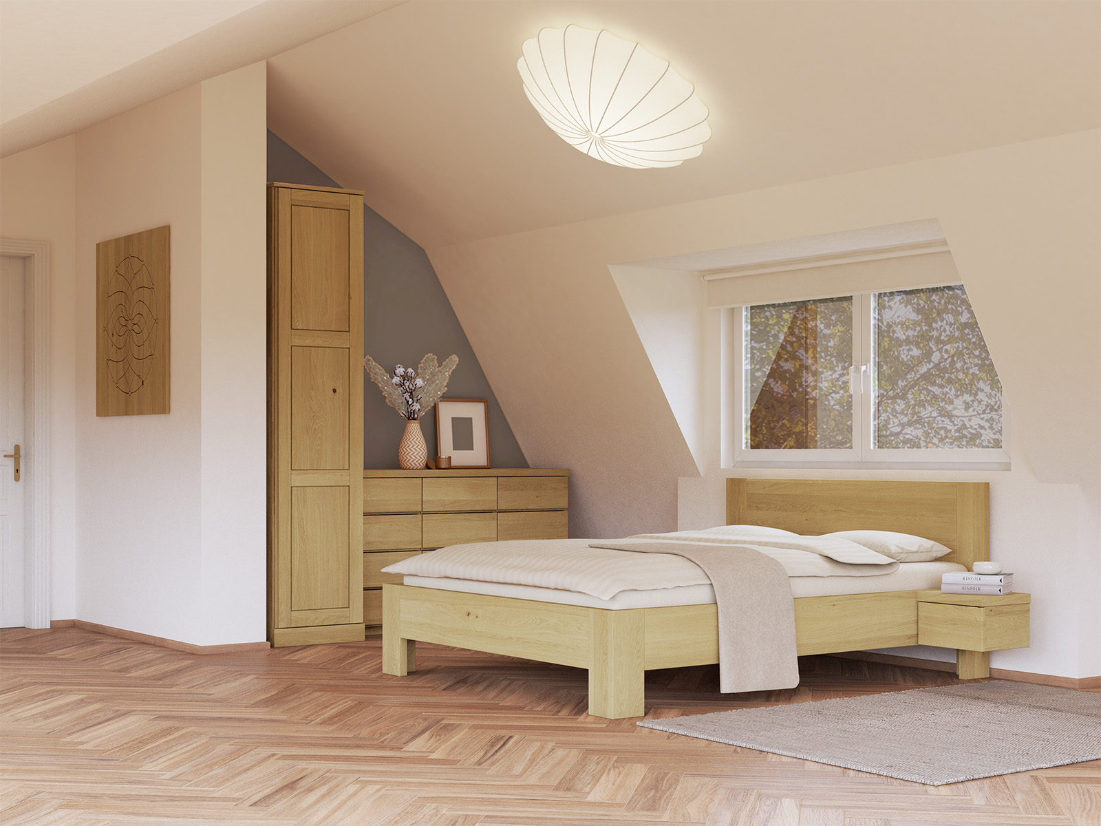 Schlafzimmer mit Schrank „Enzian“ aus Eiche Hell, 1-türig, Höhe 235 cm, Griffausführung „Patrizia“