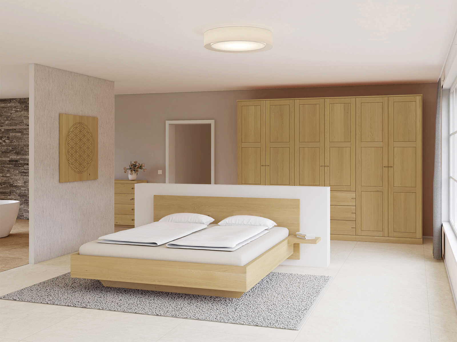 Schlafzimmer mit Schrank „Enzian“ aus Eiche Hell, 6-türig, Höhe 235 cm, Griffausführung „Stefan“