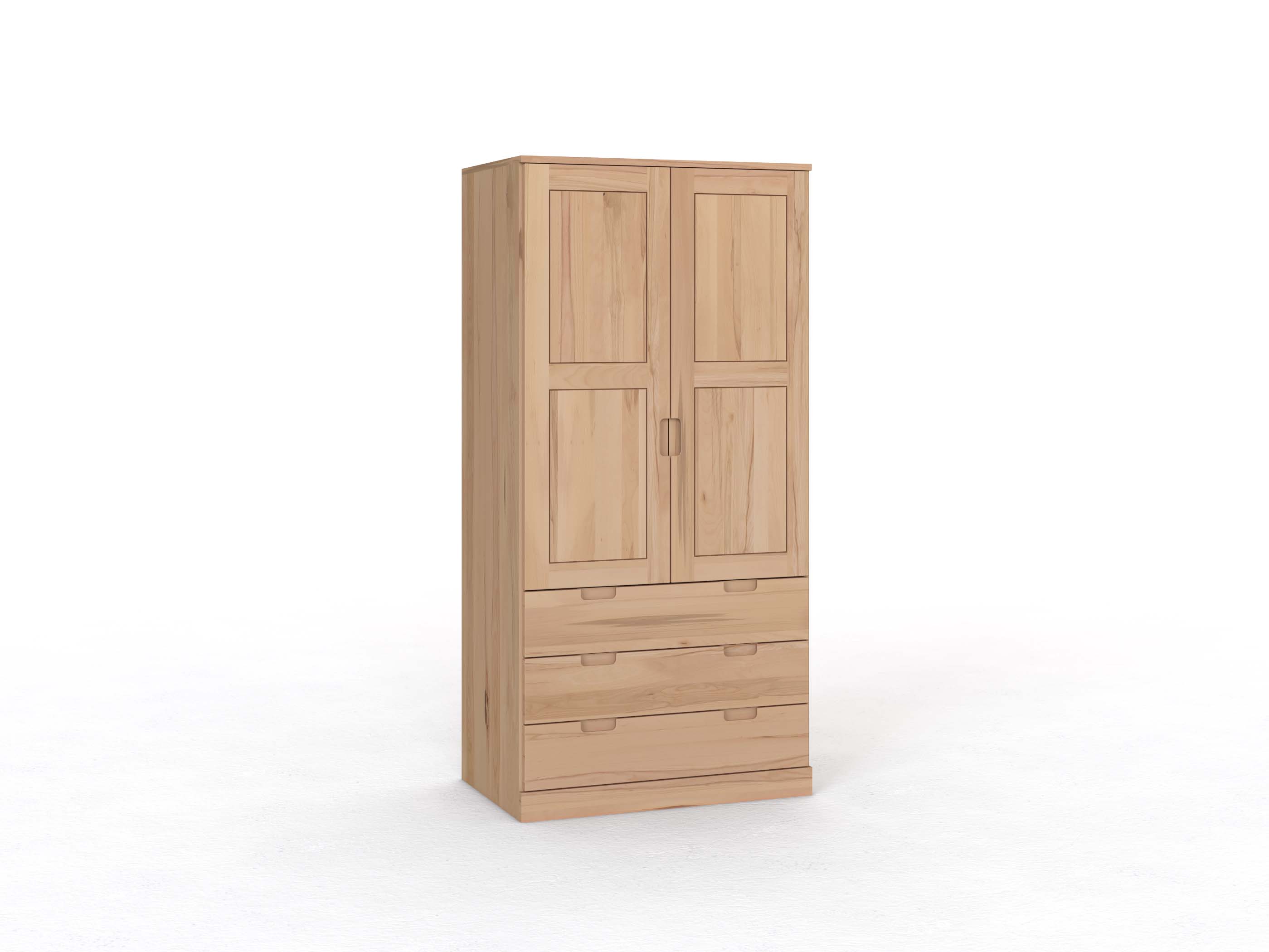 Kernbuchenschrank „Enzian“, 2-türig, Höhe 210 cm, Griffleiste C („Lukas"), mit Schubladen