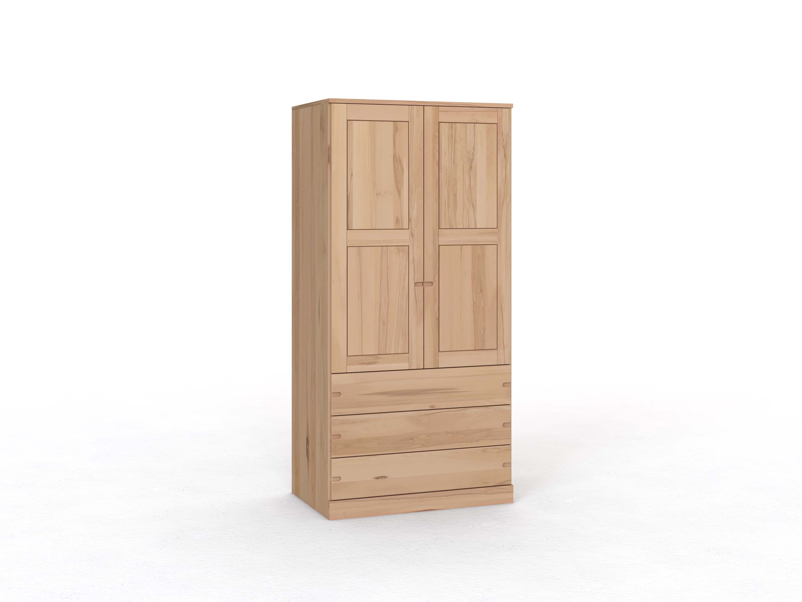 Kernbuchenschrank „Enzian“, 2-türig, Höhe 210 cm, Griff Seite („Stefan"), mit Schubladen