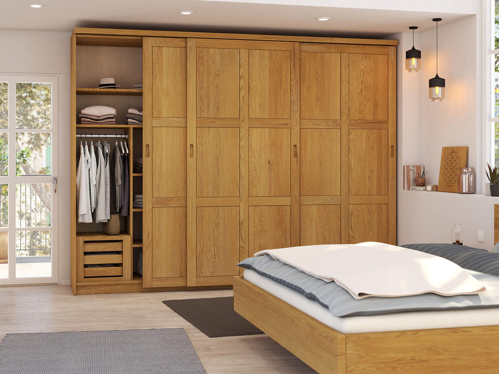 Schlafzimmer mit Schiebetürenschrank „Enzian" aus Eiche, 3-türig breit, Höhe 233 cm