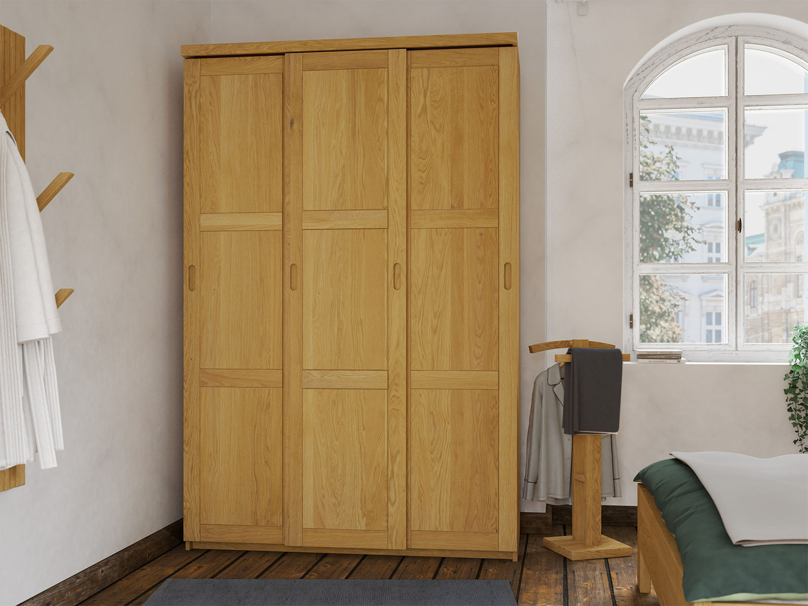 Schlafzimmer mit Schrank „Enzian" aus Eiche, 3-türig schmal, Höhe 208 cm