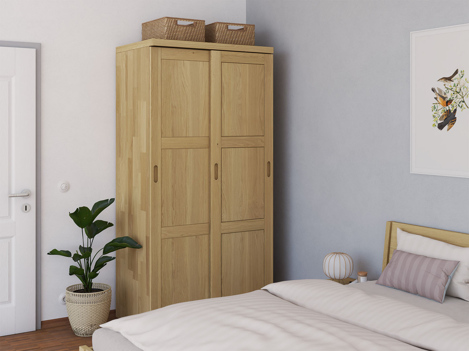 Schlafzimmer mit Schrank „Enzian" aus Eiche Hell, 2-türig schmal, Höhe 208 cm