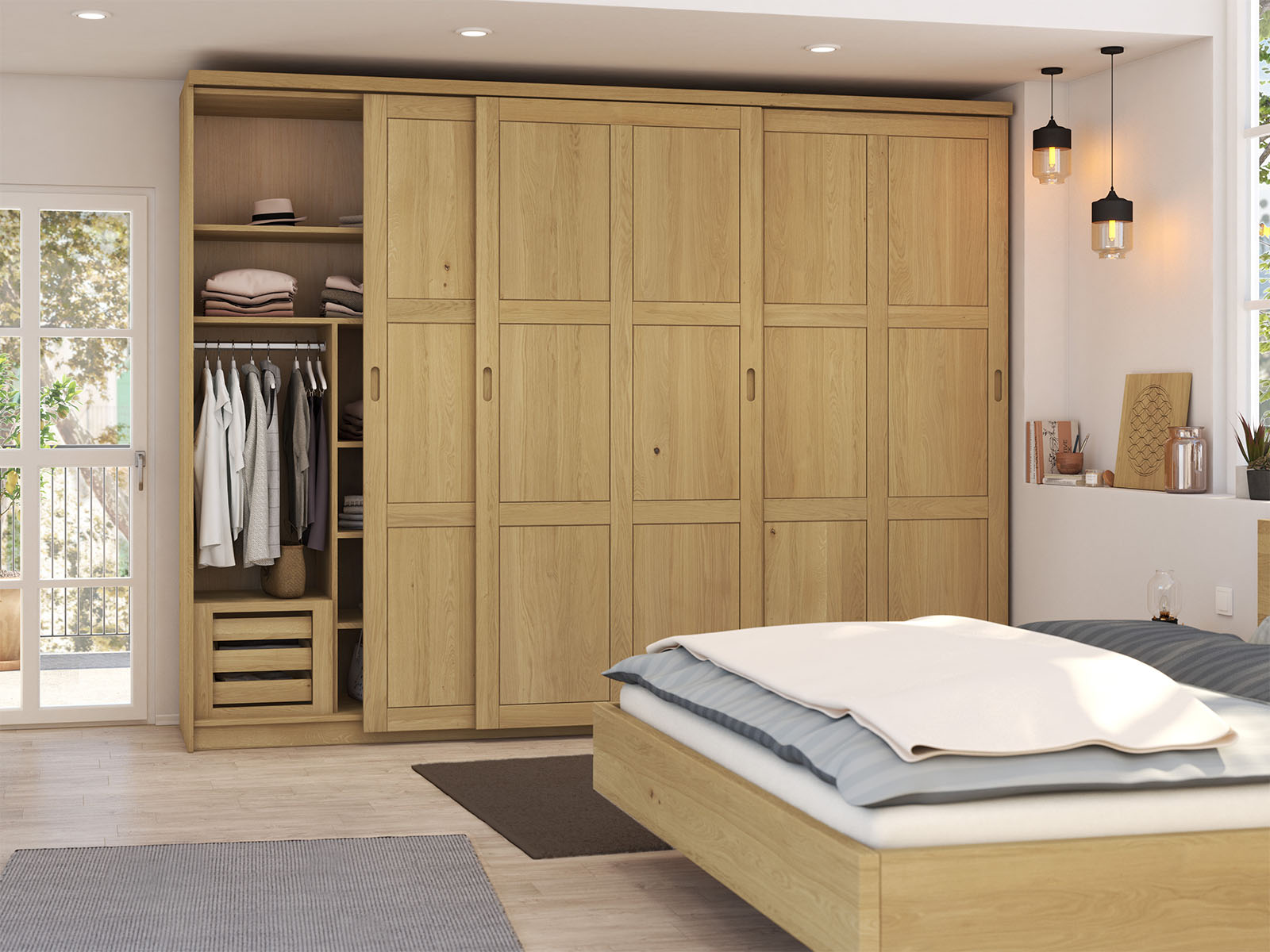 Schlafzimmer mit Schiebetürenschrank „Enzian" aus Eiche Hell, 3-türig breit, Höhe 233 cm
