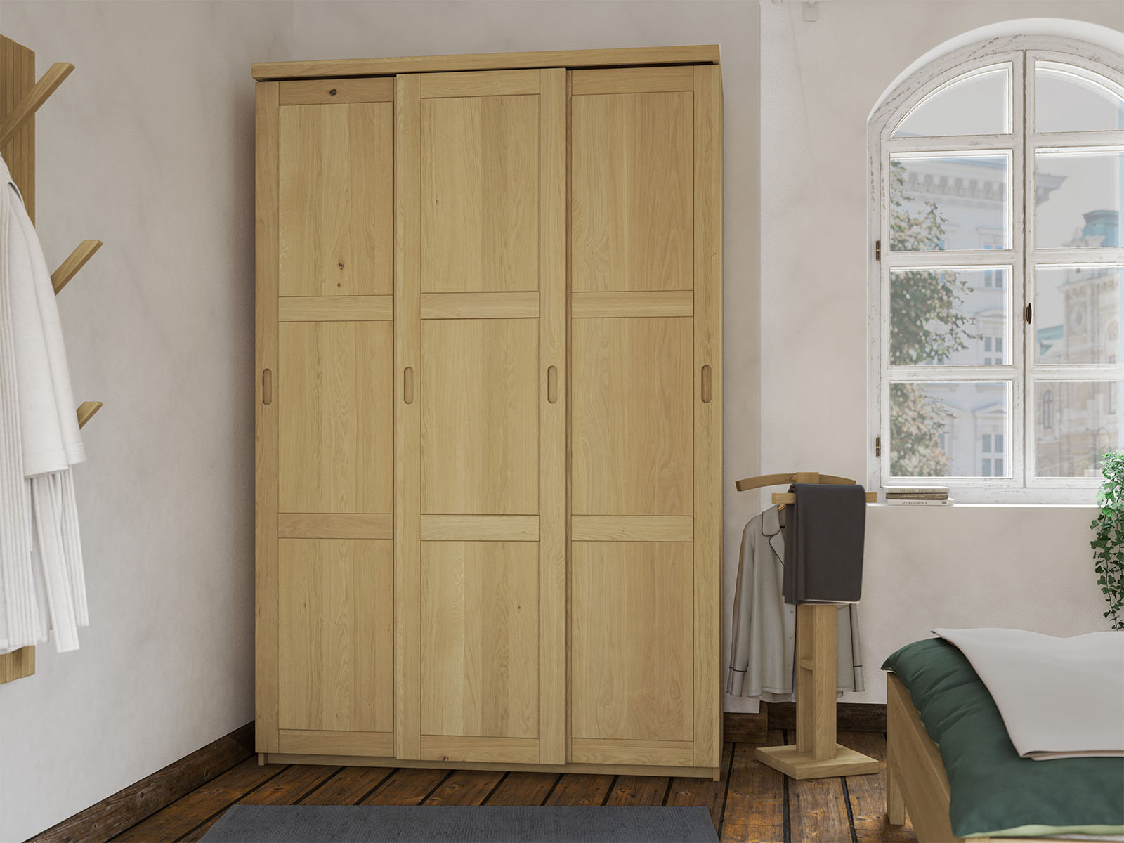 Schlafzimmer mit Schrank „Enzian" aus Eiche Hell, 3-türig schmal, Höhe 208 cm