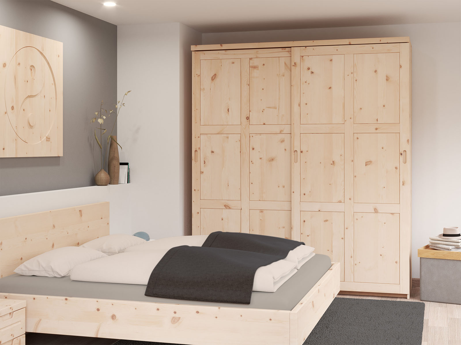 Zirbenschlafzimmer mit Zirbenschrank „Enzian", 2-türig breit, Höhe 233 cm