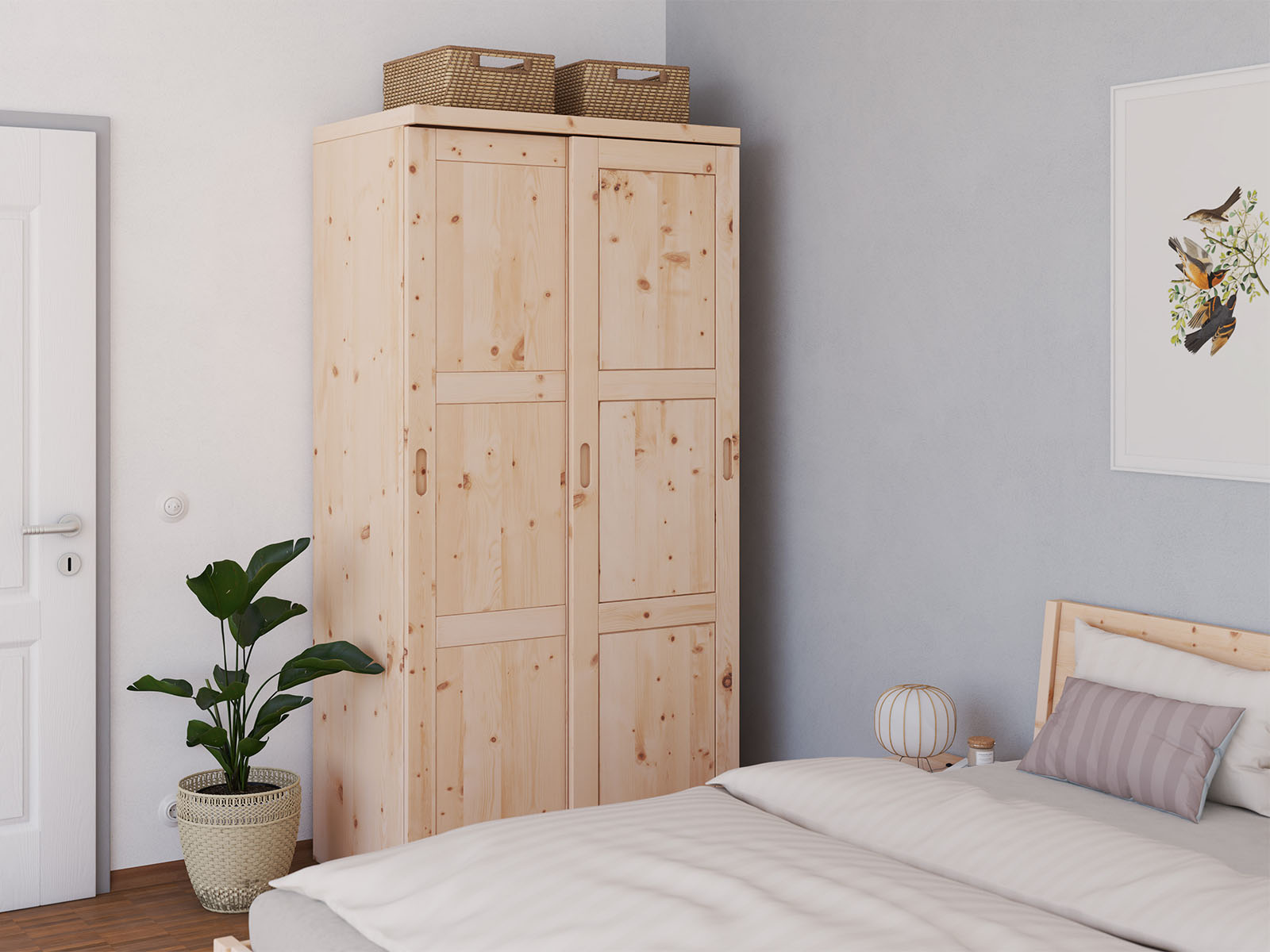 Zirbenschlafzimmer mit Zirbenschrank „Enzian", 2-türig schmal, Höhe 208 cm