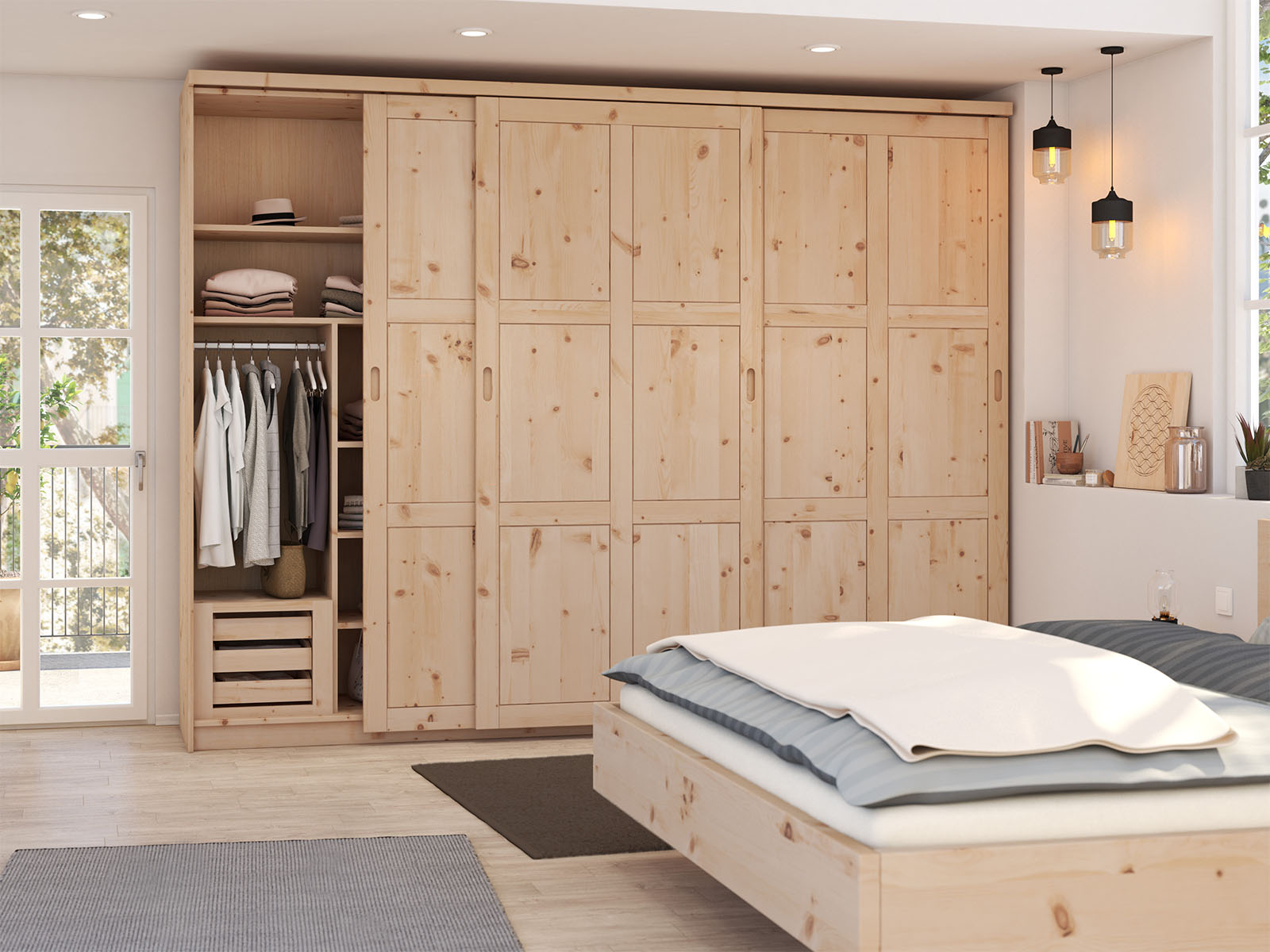 Zirbenschlafzimmer mit Zirbenschrank „Enzian", 3-türig breit, Höhe 233 cm