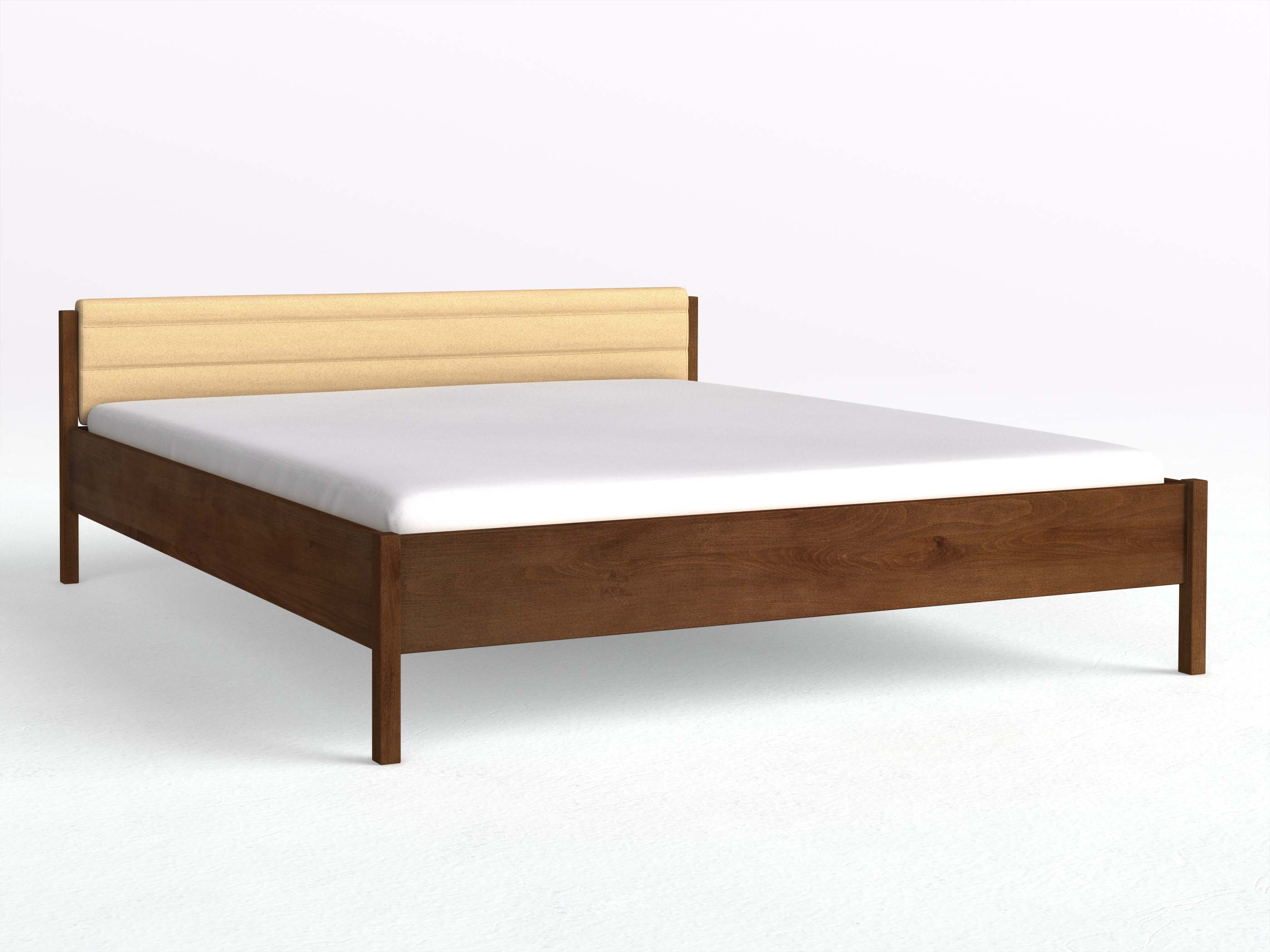 Buchenbett Dunkel „Fiona“ mit hohem Polsterkopfteil, Schafschurwolle „Fischgrät“ in Goldhirse