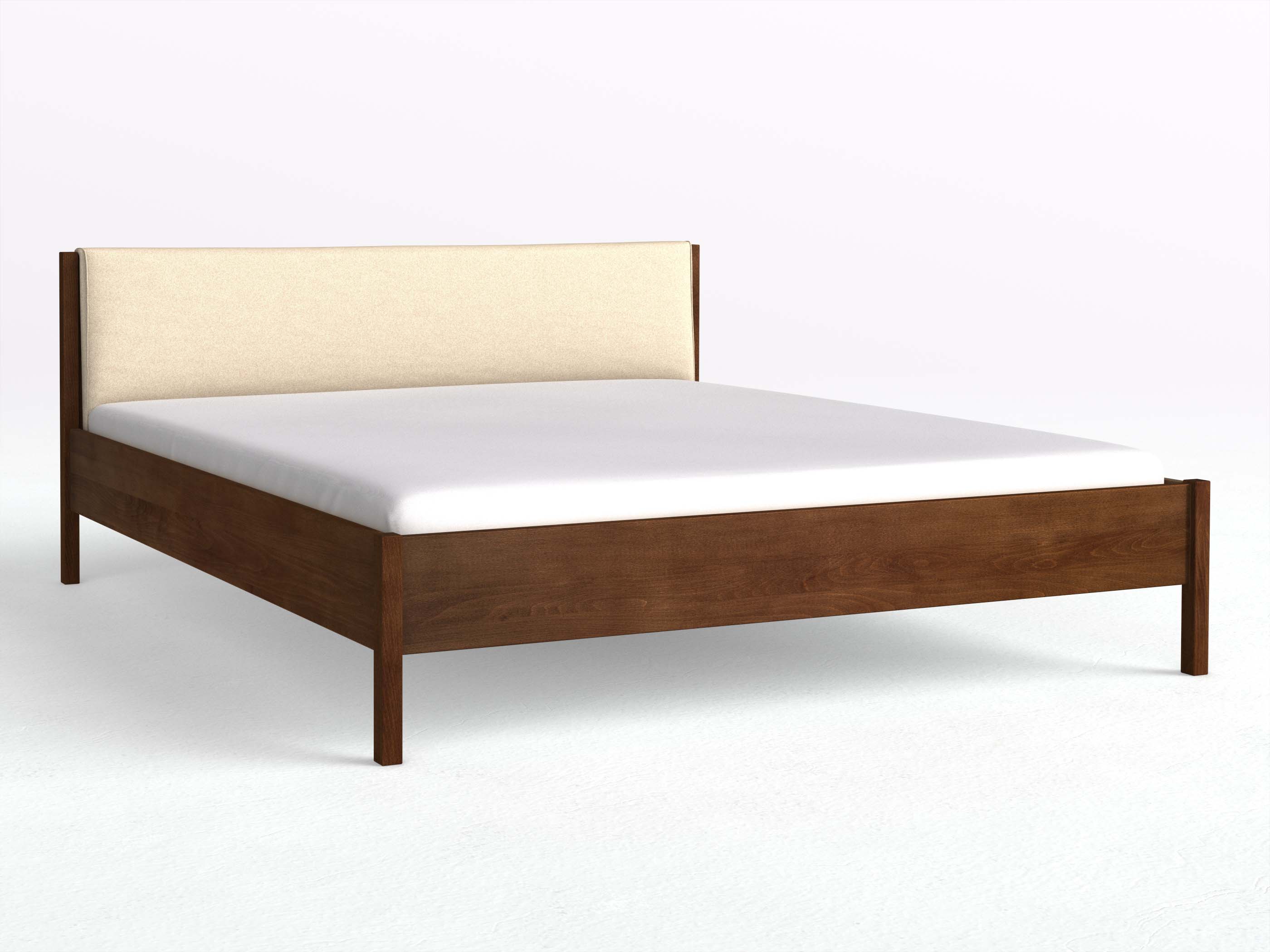 Buchenbett Dunkel „Flora“ in 180 x 200 cm, mit Stoffkopfteil - Stoff: Schafschurwolle „Fischgrät“ in der Farbe Holunderblüte