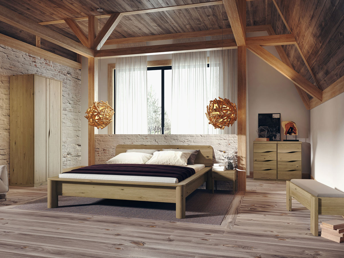 Schlafzimmer mit Schrank aus Wildeiche „Astrid“ 2-türig, Höhe 235 cm