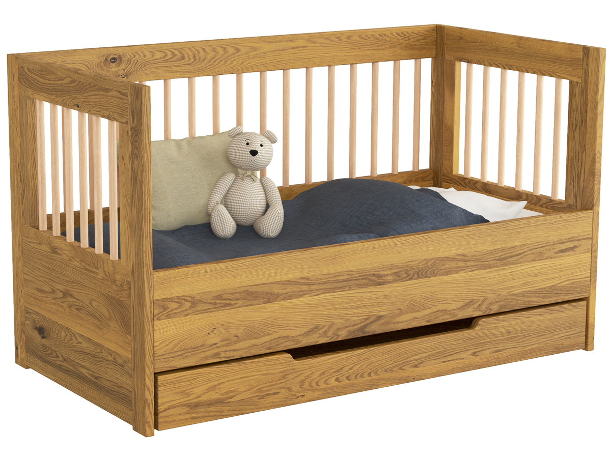 Kinderbett „Paula“ 70 x 140 cm, umgebaut mit optionalem Seitenteil, mit Unterbettkommode