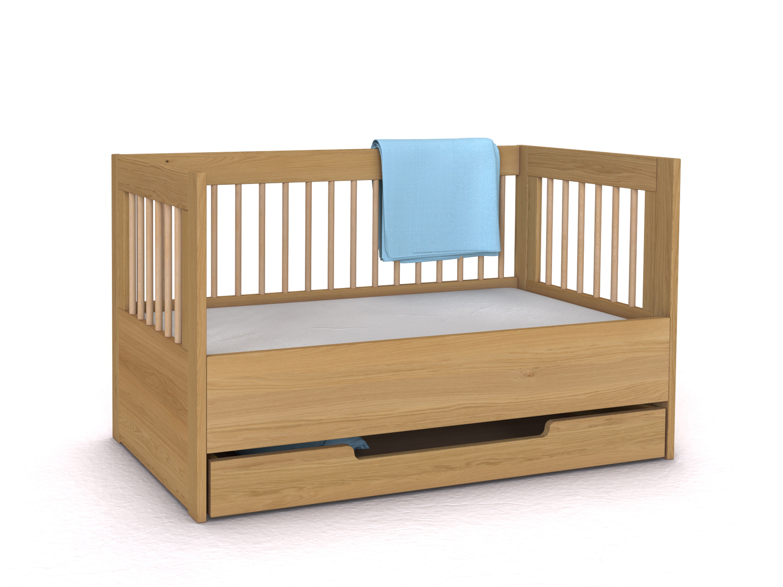 Kinderbett „Paula“ in 70 x 140 cm, ohne Seitenteil, mit Unterbettkommode