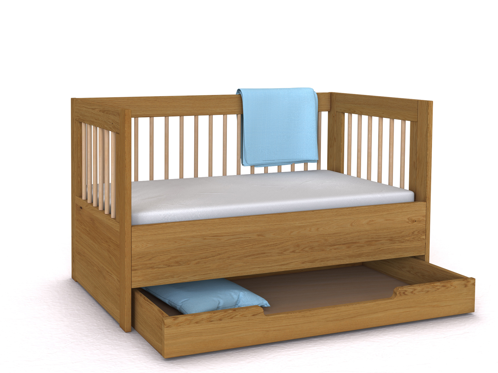 Kinderbett „Paula“ in 70 x 140 cm, ohne Seitenteil, mit Unterbettkommode
