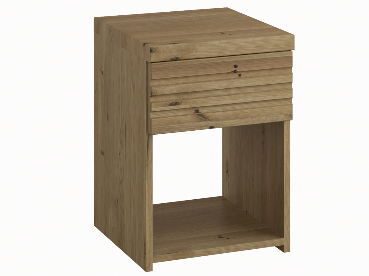 Nachttisch aus Wildeichenholz mit Lade „Hannes“ in Boxspringhöhe