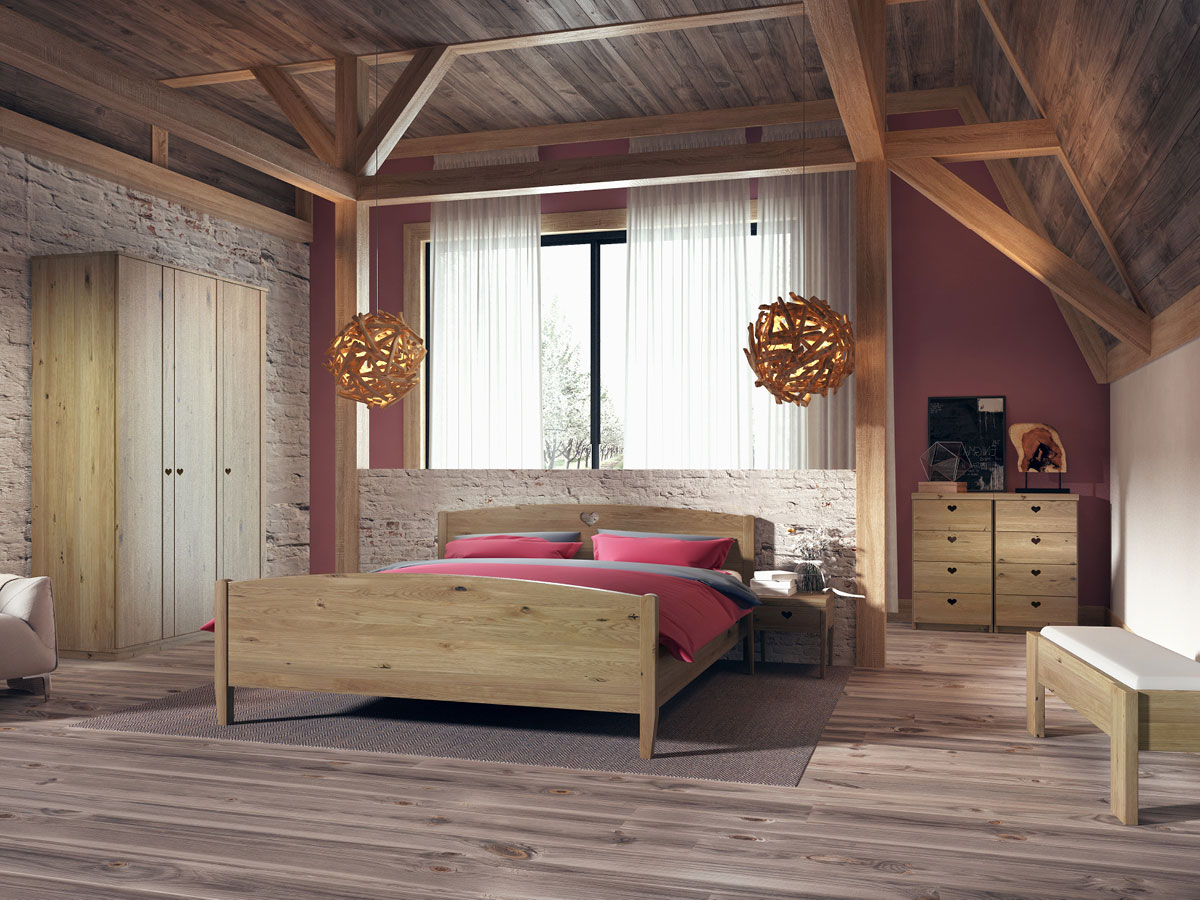 Schlafzimmer mit Wildeichenholzbett "Heidi" 180 x 200 cm