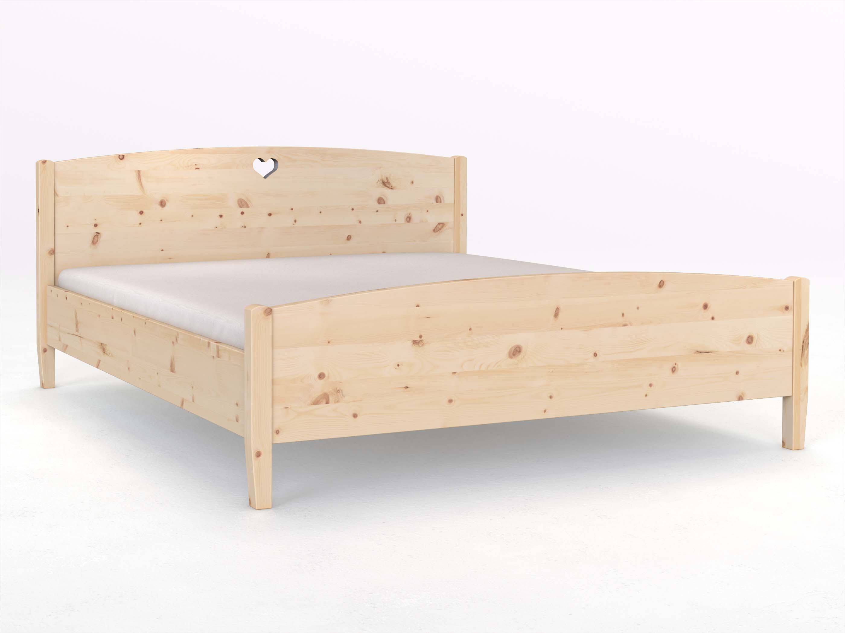 Zirbenbett „Heidi“ 180 x 200 cm - mit niedrigem runden Fußteil und Kopfteil „Herz“