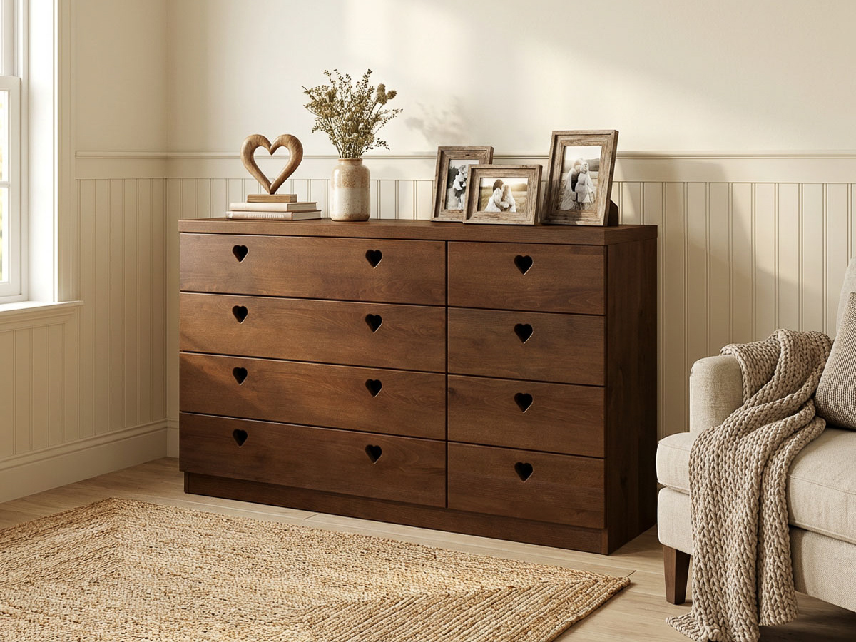 Buchenkommode Dunkel „Heidi“ mit 4 breiten und 4 schmalen Laden rechts