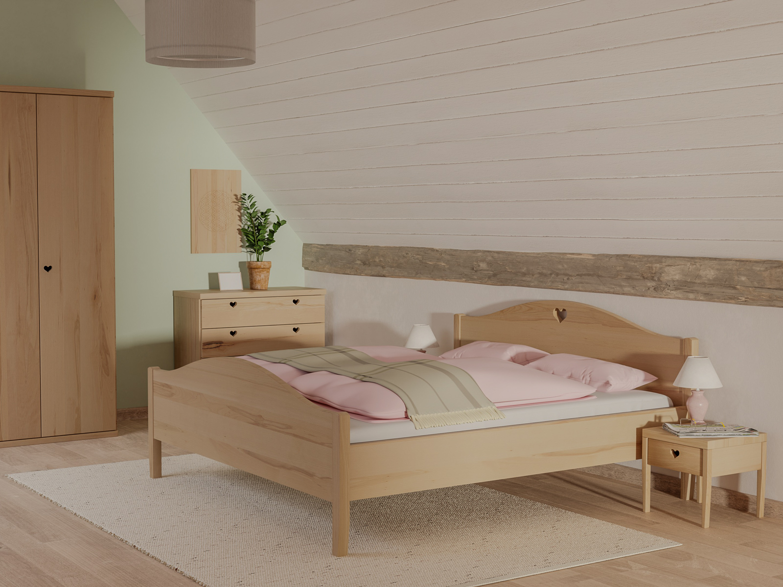 Schlafzimmer mit Kernbuchenbett „Hermine“ 180 x 200 cm