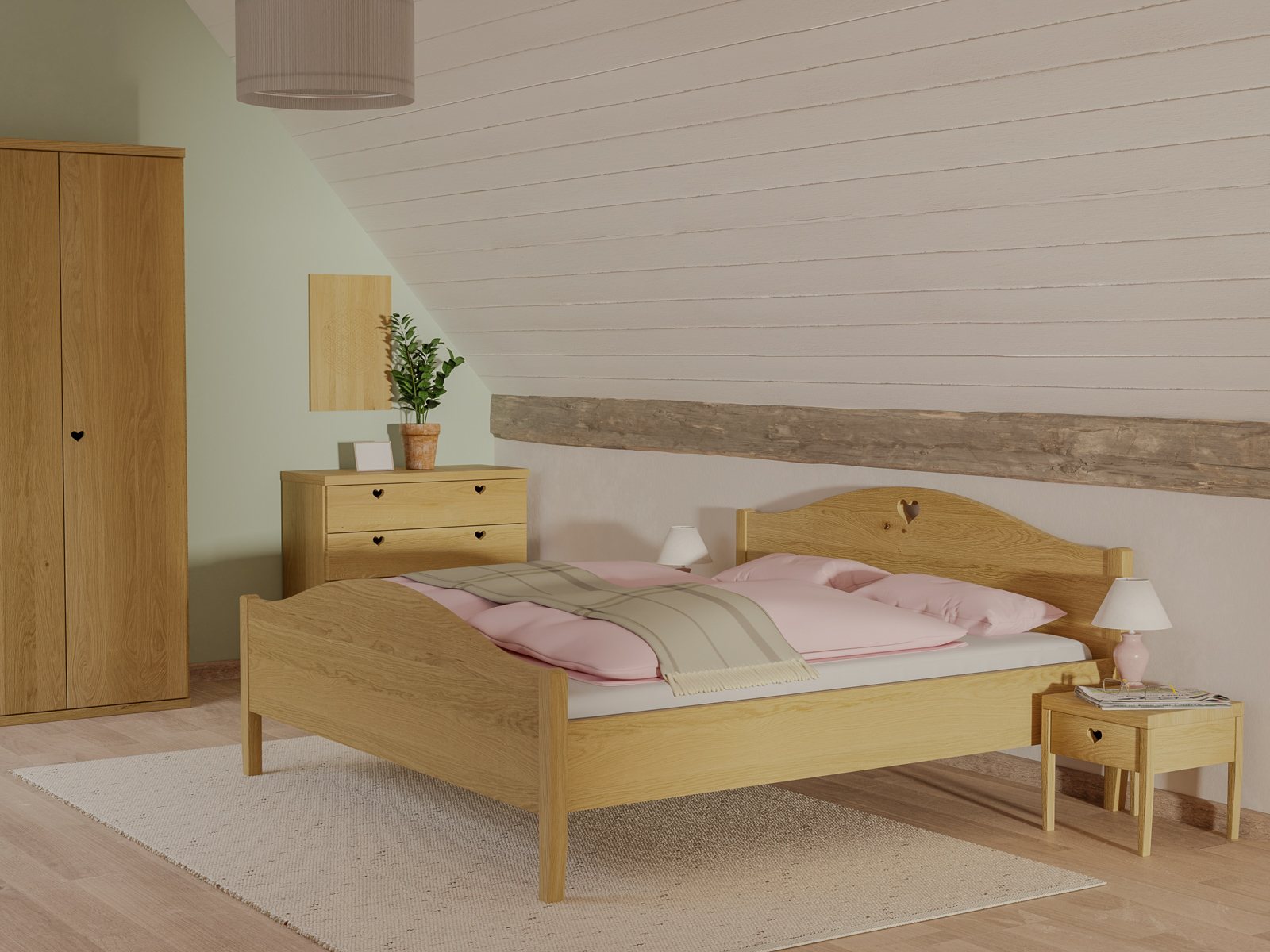 Schlafzimmer mit Eichenbett Hell „Hermine“ 180 x 200 cm -  mit niedrigem runden Fußteil und mit Kopfteil „Herz“