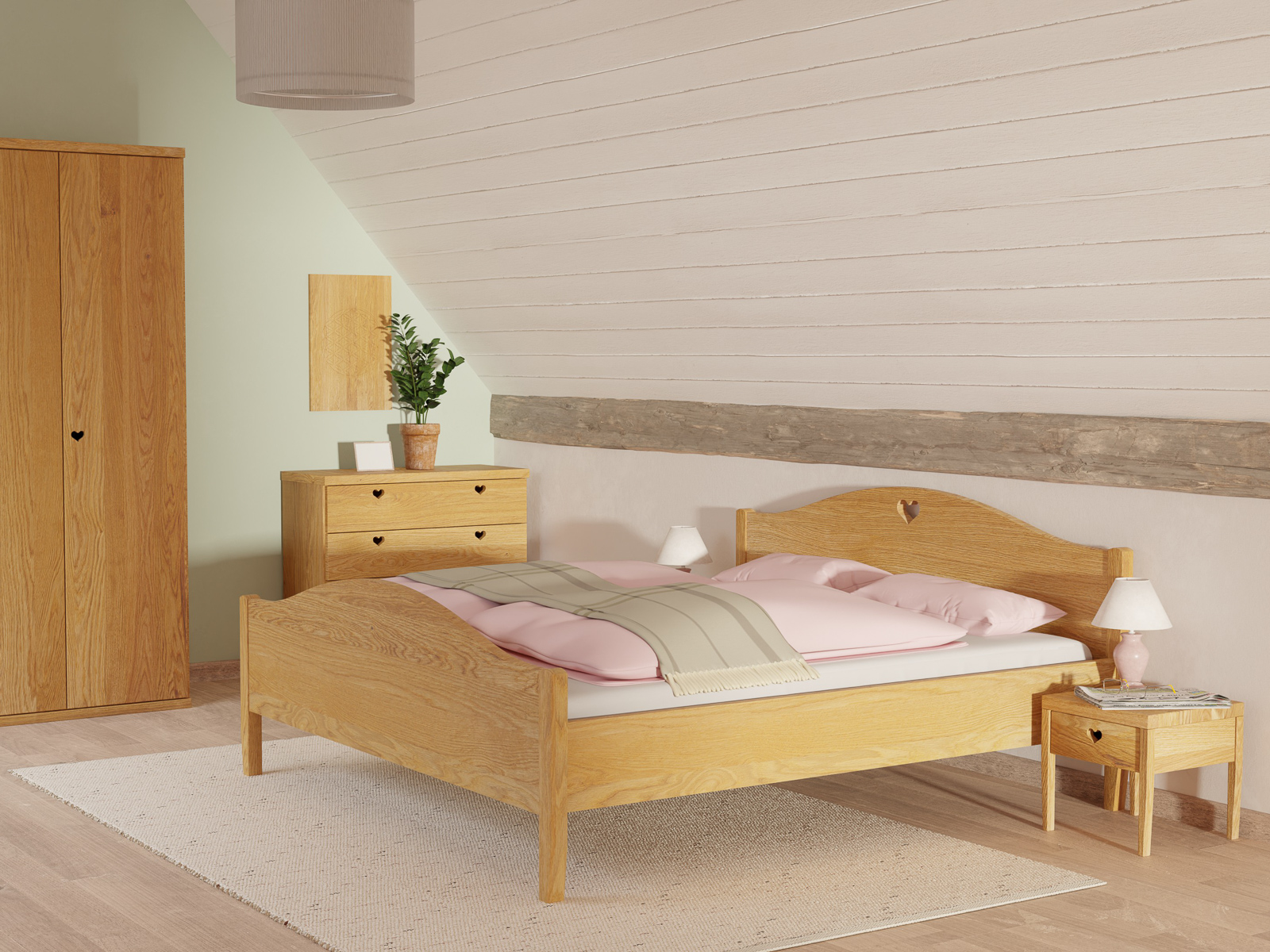 Schlafzimmer mit Eichenbett „Hermine“ 180 x 200 cm -  mit niedrigem runden Fußteil und mit Kopfteil „Herz“